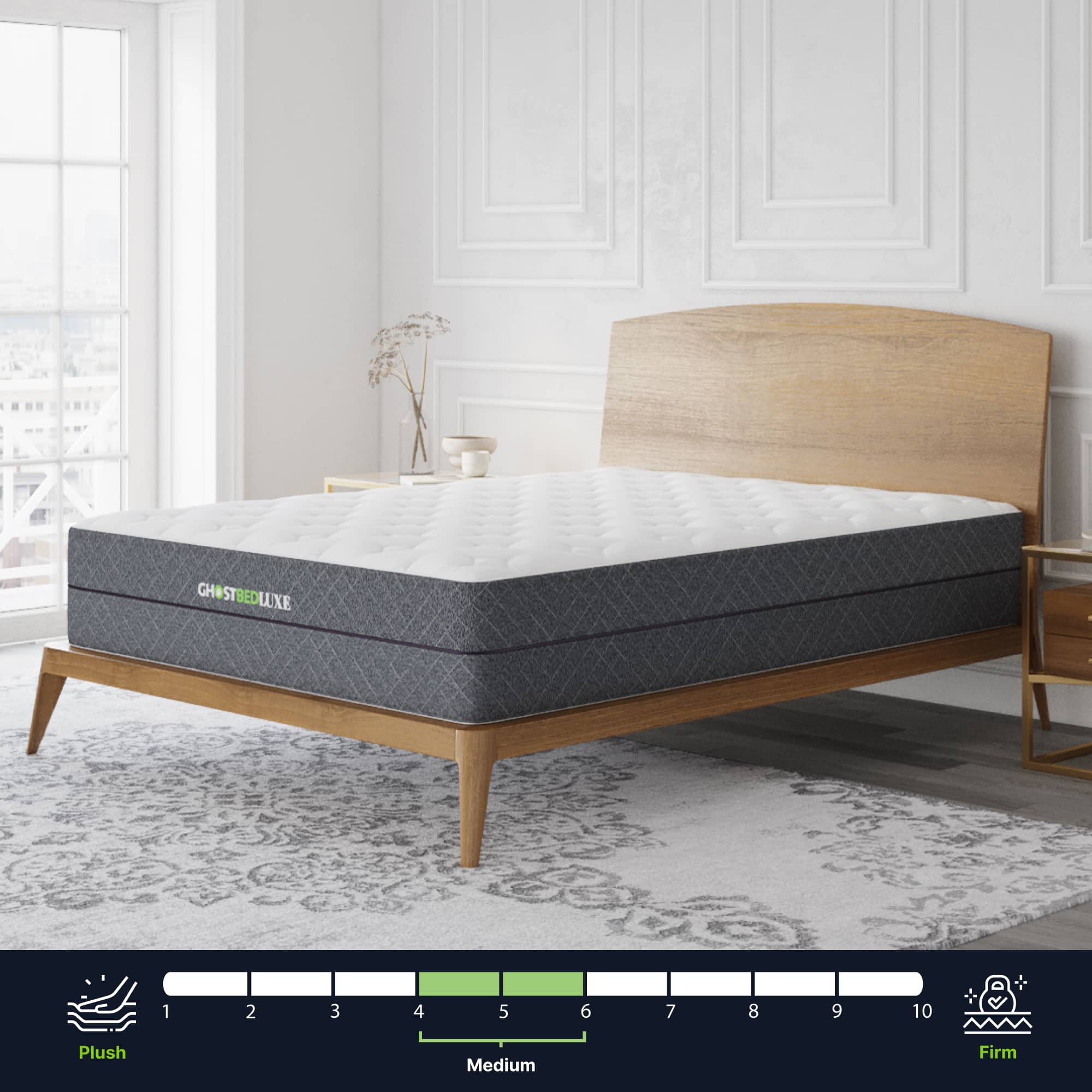The image features a bed with a wooden headboard and a mattress. The mattress is a GhostBed Luxe mattress, which is available in various firmness levels such as plush, medium, and firm. The mattress is placed on a wooden platform and is accompanied by a wooden headboard. The bed is situated in a room with a window, providing a view of the city.
