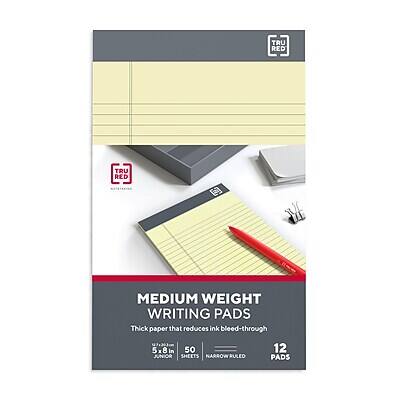 TRU RED  
MEDIUM WEIGHT WRITING PADS  
Thick paper that reduces ink bleed-through  
5x8in 50 JUNIOR SHEETS NARROW RULED  
12 PADS