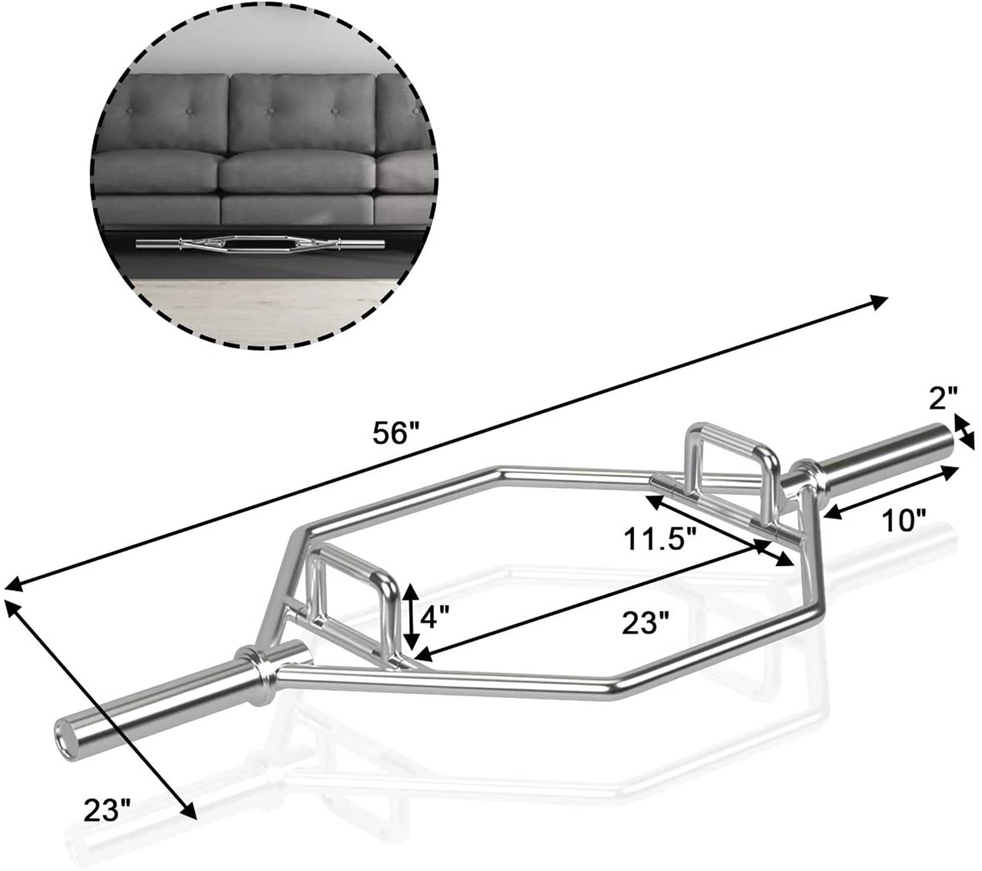 The text on the image reads: "56" 2" 11.5" 10" 4" 23" 23"". This is a description of the dimensions of a piece of metal, likely a barbell or a metal frame. The numbers represent the length, width, and height of the metal object.