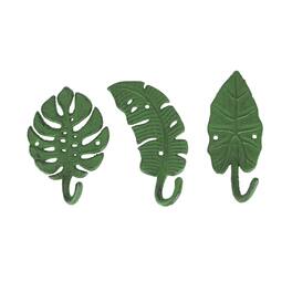 Zeckos - Set of 3 Cast Iron Tropical Leaf Decorative Wall Hooks Towel Hanger Rack - Green