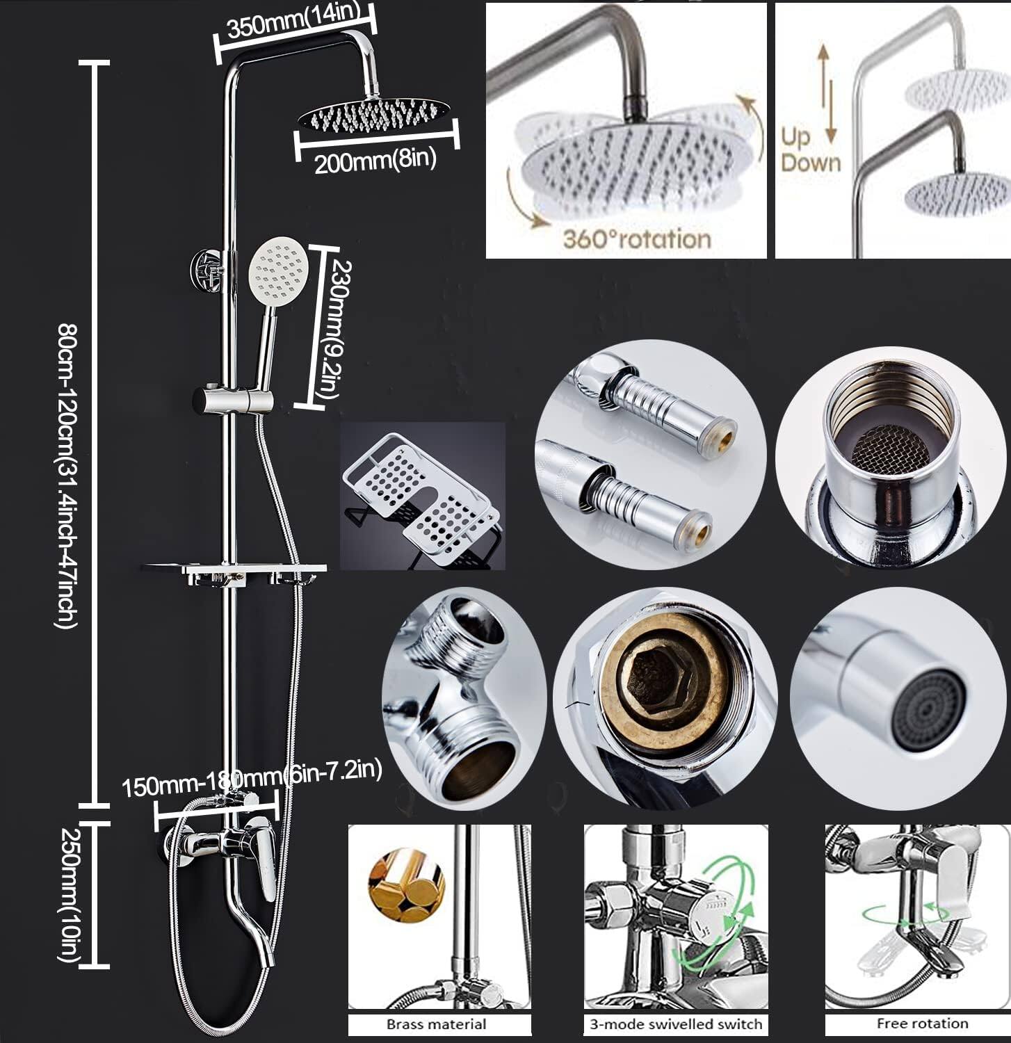 350mm (14in)  
200mm (8in)  
230mm (9.2in)  
80cm-120cm (31.4inch-47inch)  
150mm-180mm (6in-7.2in)  
250mm (10in)  
Brass material  
Up Down  
360° rotation  
3-mode swivelled switch  
Free rotation