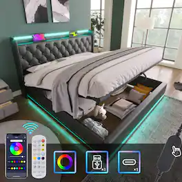 Anysun - Queen Upholstered Hydraulic Bed - 360 Surround LED, App/Remote Control, USB-C Charging, PU - Black