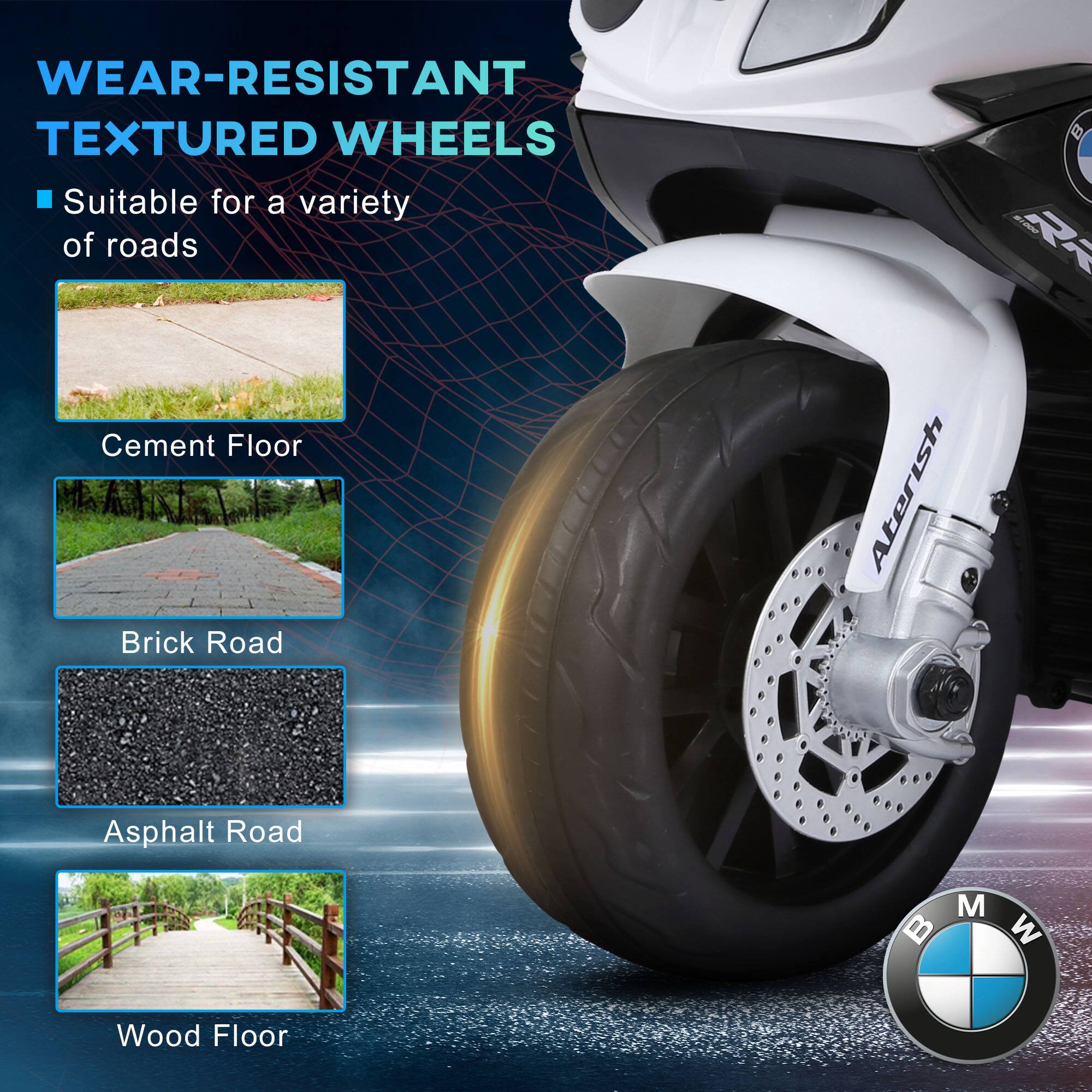WEAR-RESISTANT TEXTURED WHEELS  
Suitable for a variety of roads  
- Cement Floor  
- Brick Road  
- Asphalt Road  
- Wood Floor