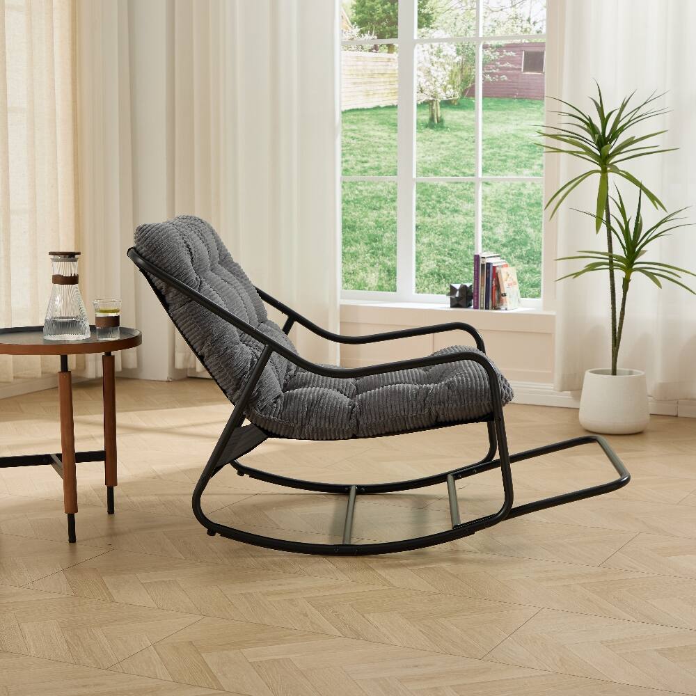 Back. Loheer - Loheer Outdoor Rocking Chair with Thick Grey Cushion Modern Metal Frame Patio Seating for Adults Living Room Bedroom - Grey.