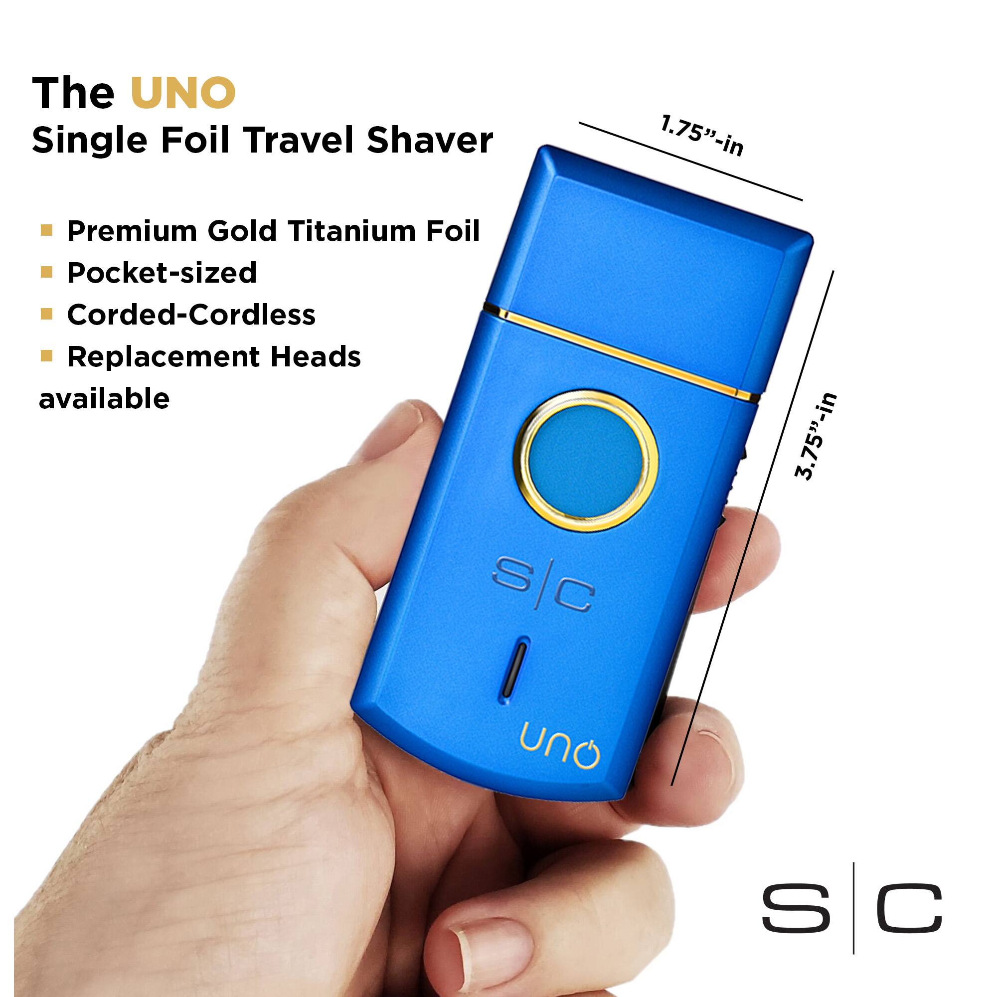 The UNO Single Foil Travel Shaver 1.75"-in Premium Gold Titanium Foil Pocket-sized Corded-Cordless Replacement Heads available 3.75"-in S C