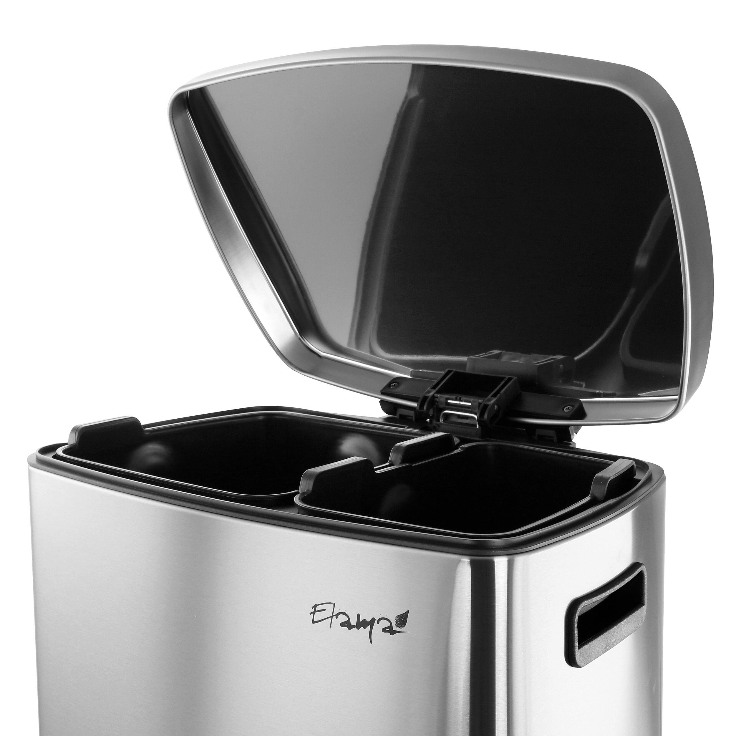 Back. Elama - Elama 2 Compartment Large 10.6 Gallon Split Stainless Steel Step Trash Bin with Slow Close Mechanism - Silver.