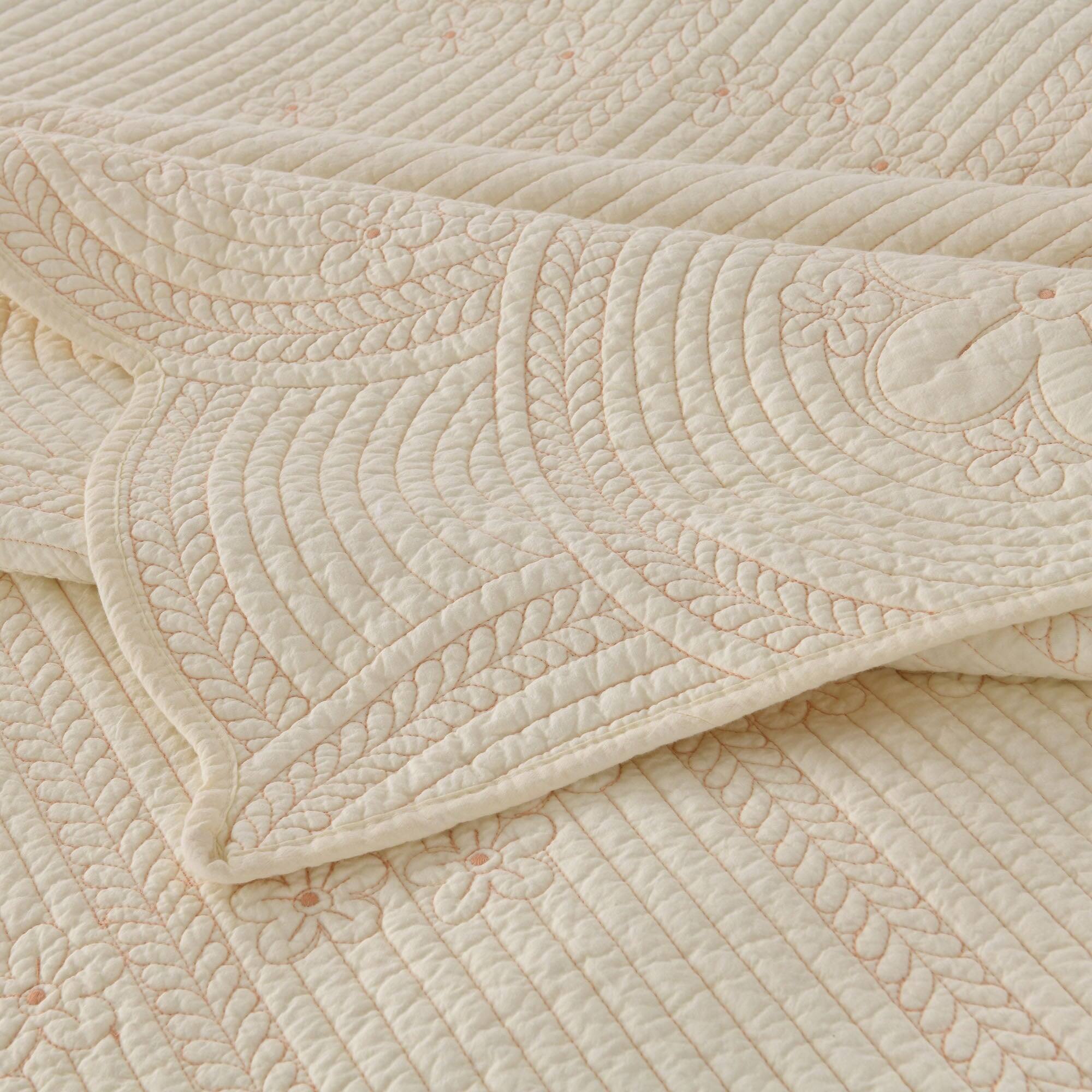 Alt View 1. MarCielo - Marcielo 3 Pcs 100% Cotton Embroidered Bedspread Set with Floral Stitching with Scalloped Edge - Beige.