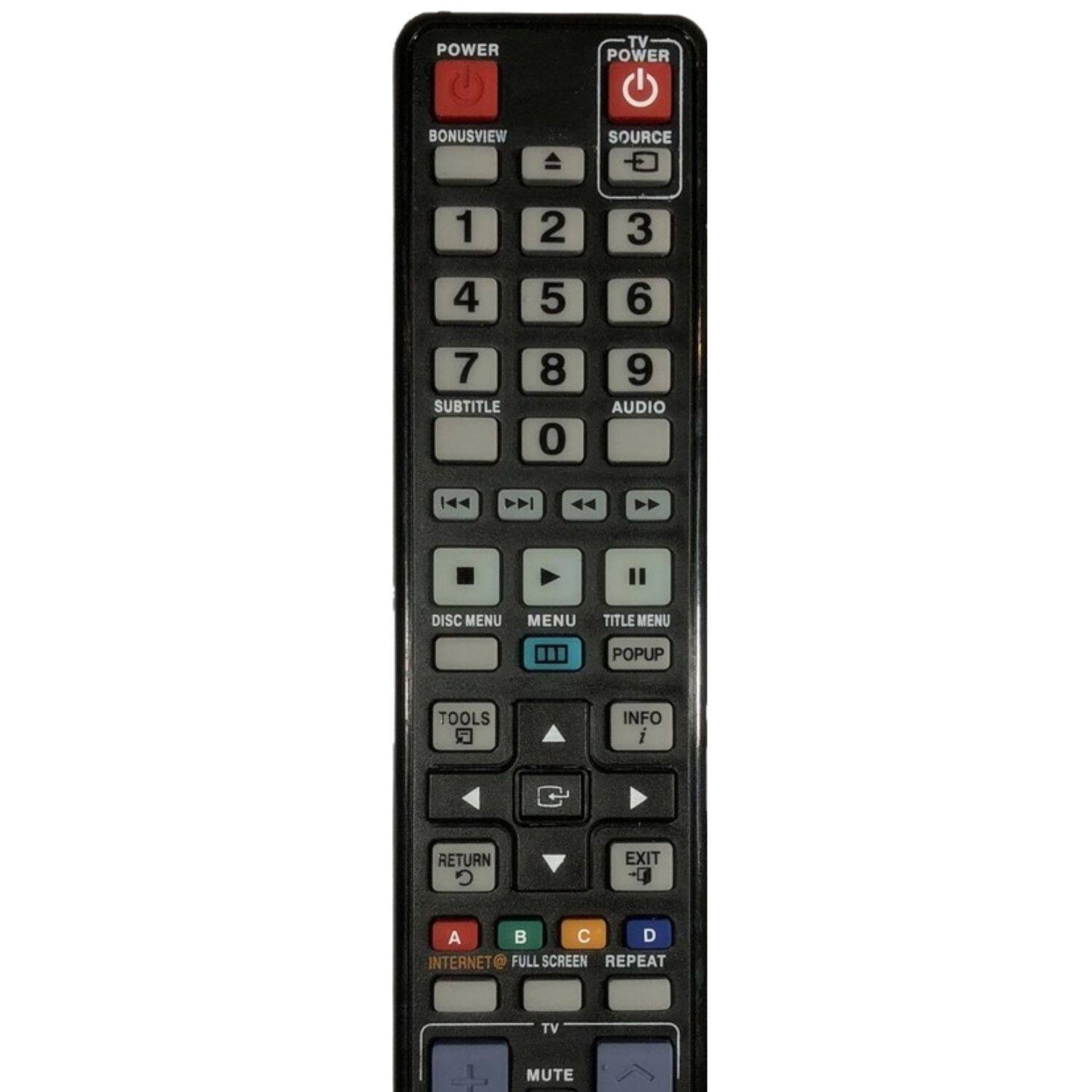 POWER TV  
POWER BONUSVIEW  
SOURCE  
1 2 3 4 5 6 7 8 0 9  
SUBTITLE AUDIO  
DISC MENU MENU TITLE MENU POPUP  
TOOLS INFO RETURN EXIT  
A B C D  
INTERNET FULL SCREEN REPEAT  
TV MUTE