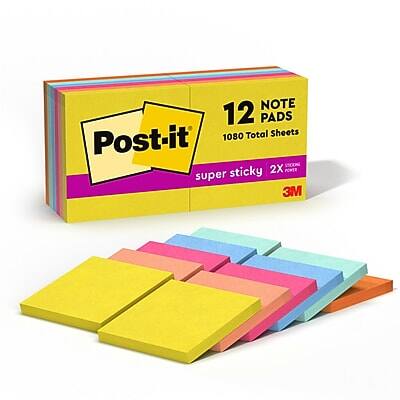 Post-it  
12 PADS  
1080 Total Sheets  
super sticky  
2X POWER  
3M