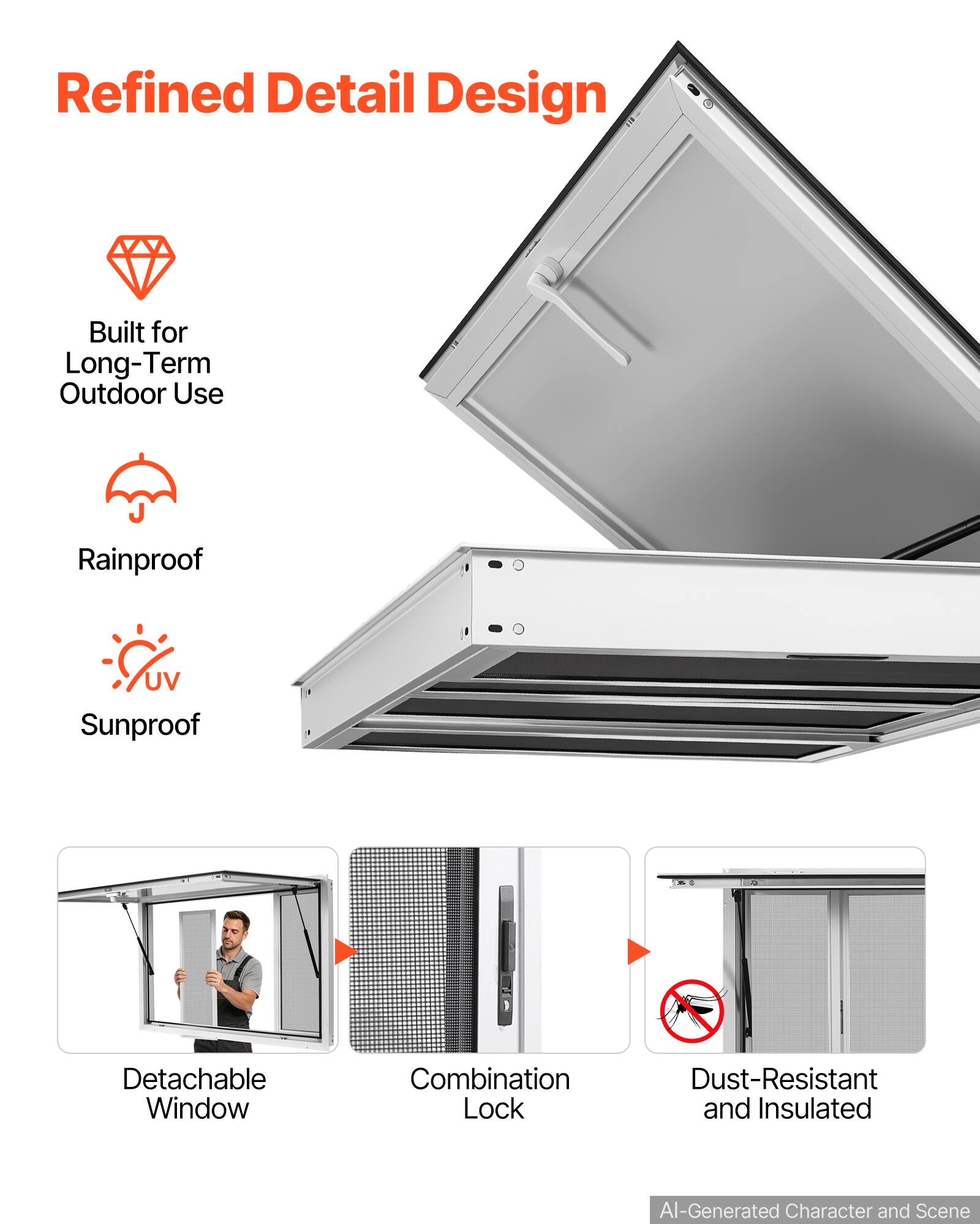 Refined Detail Design  
Built for Long-Term Outdoor Use  
Rainproof  
UV Sunproof  
Detachable Window  
Combination Lock  
Dust-Resistant and Insulated  
AI-Generated Character and Scene