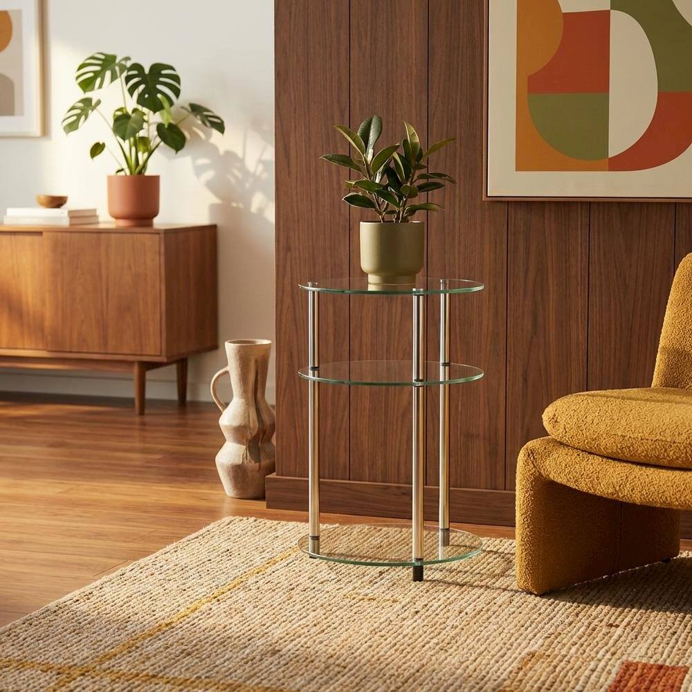 Alt View 2. FurniFact - Round Glass Accent Table with 3 Tiers for Living Room and Lounge Spaces - Clear.