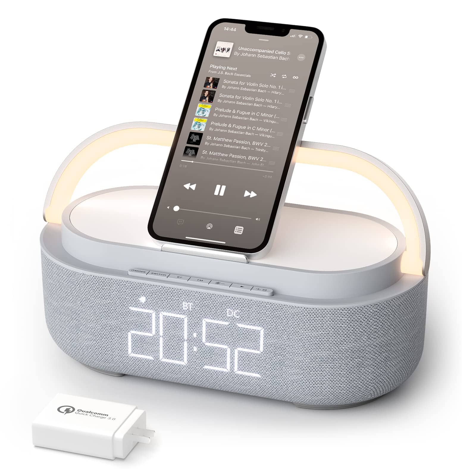 Dazzed Corner - Bluetooth Speaker Alarm Clock with 15W Wireless Charger, FM Radio - Gray