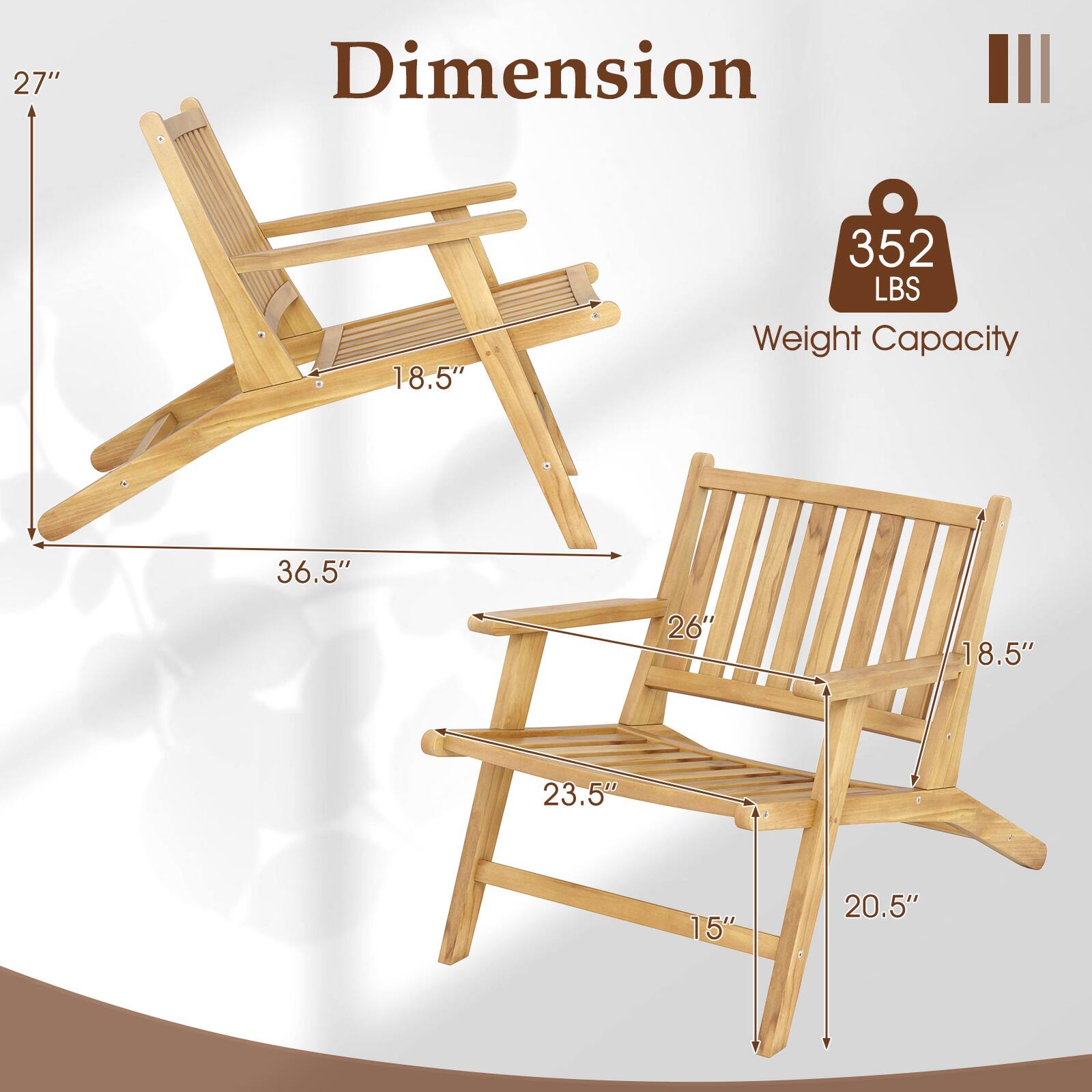 - Dimension: 27" x 36.5" x 18.5"
- Weight Capacity: 352 LBS
- Additional Dimensions: 26" x 23.5" x 20.5" x 15" x 18.5"