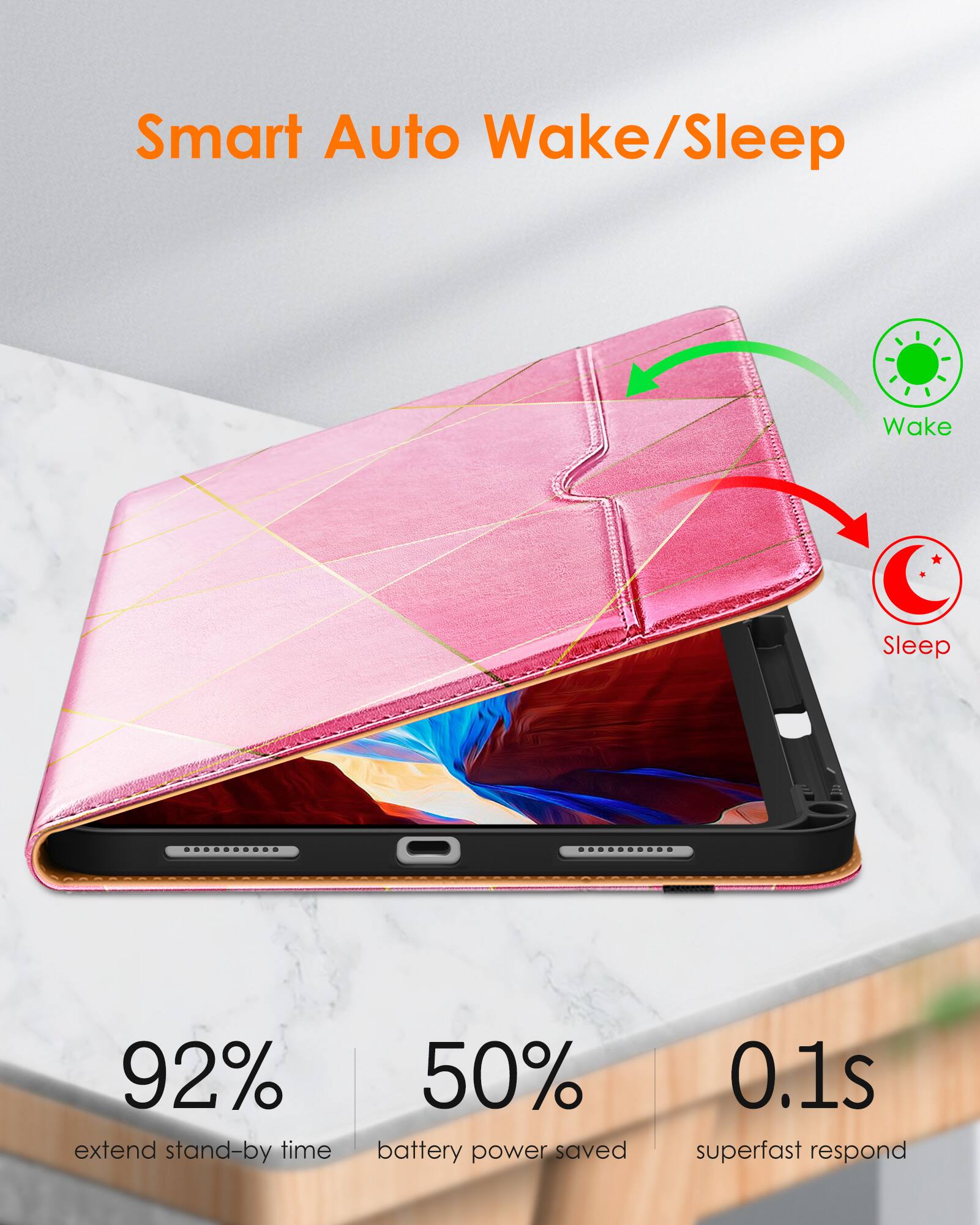 Smart Auto Wake/Sleep

- 92% extend stand-by time
- 50% battery power saved
- 0.1s superfast respond

Wake
Sleep