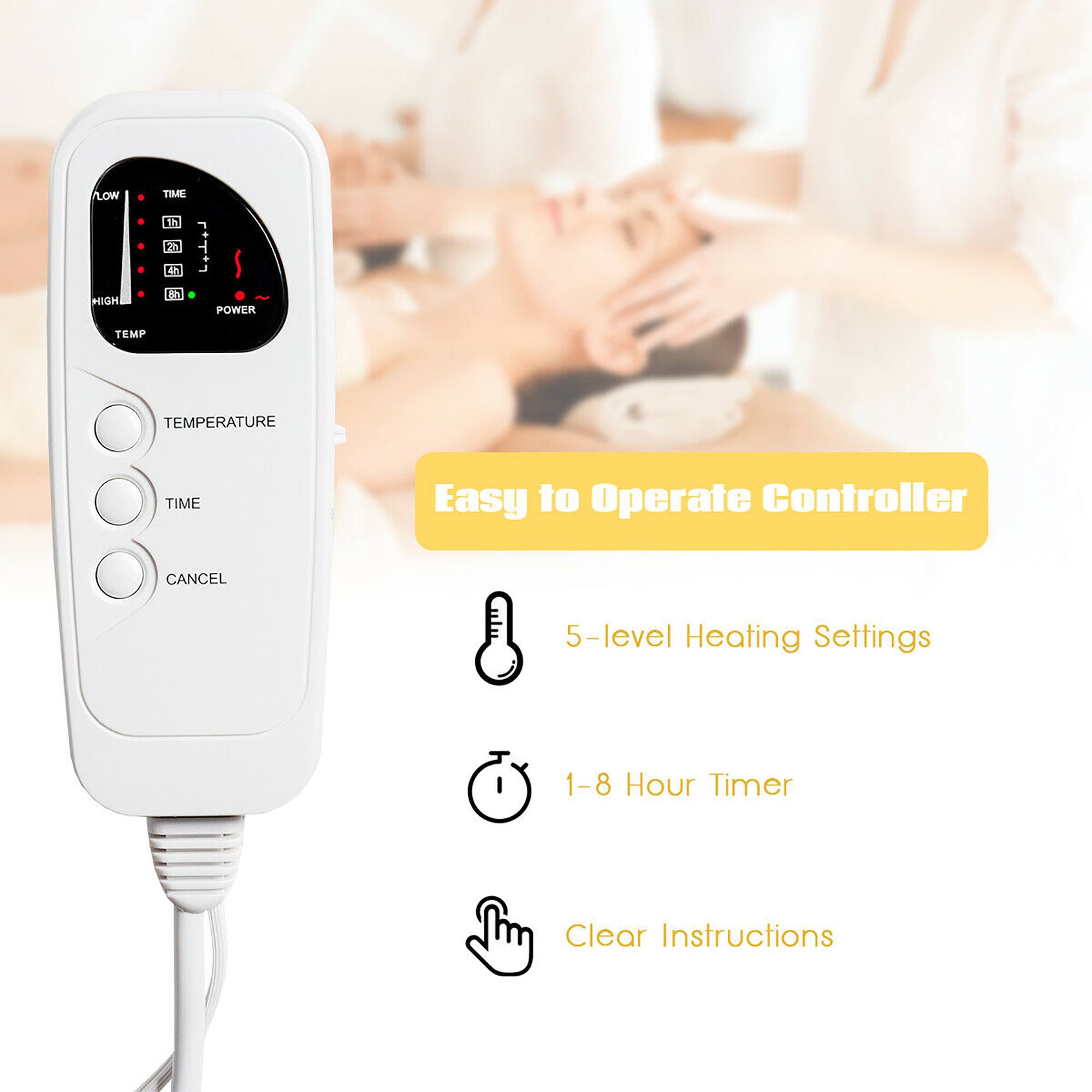 The text on the image is grouped as follows:

1. Easy to Operate Controller:
* CANCEL button
* 5-level Heating Settings
* 1-8 Hour Timer
* Clear Instructions

The text is already correct and does not require any changes.