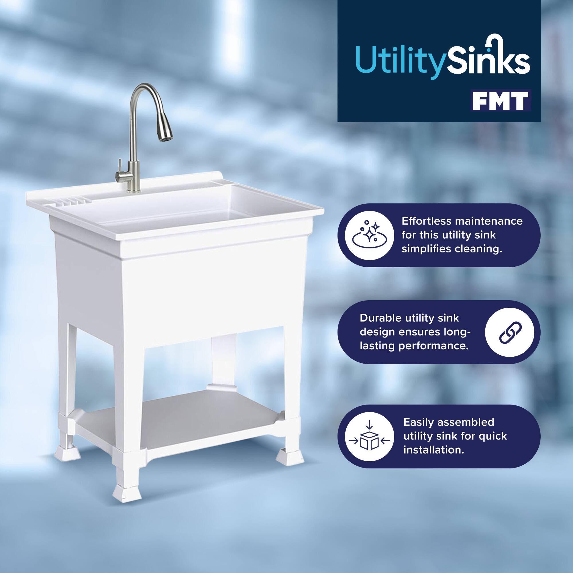 Utility Sinks FMT

Effortless maintenance for this utility sink simplifies cleaning.  
Durable utility sink design ensures long-lasting performance.  
Easily assembled utility sink for quick installation.