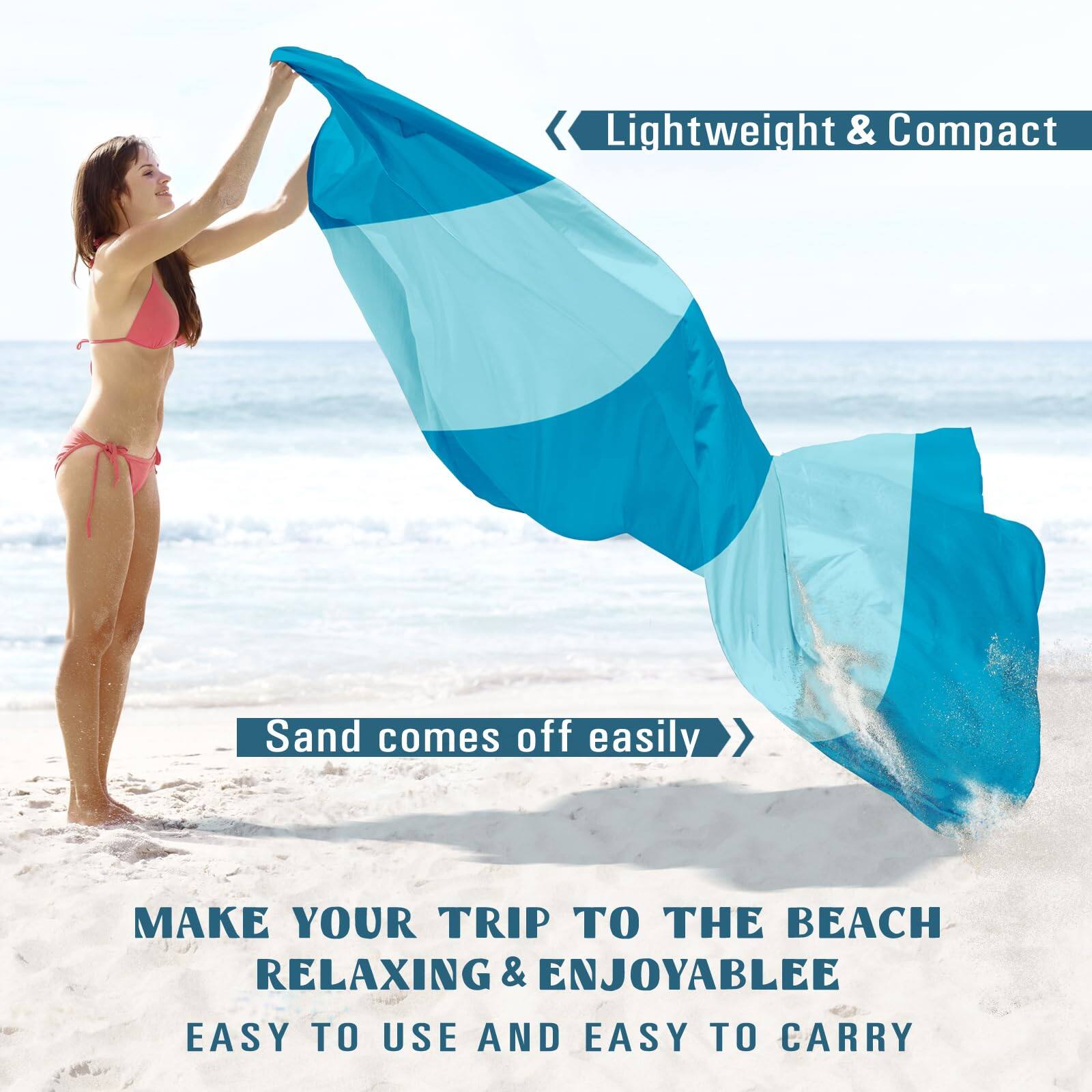 Lightweight & Compact  
Sand comes off easily  

MAKE YOUR TRIP TO THE BEACH RELAXING & ENJOYABLE  
EASY TO USE AND EASY TO CARRY