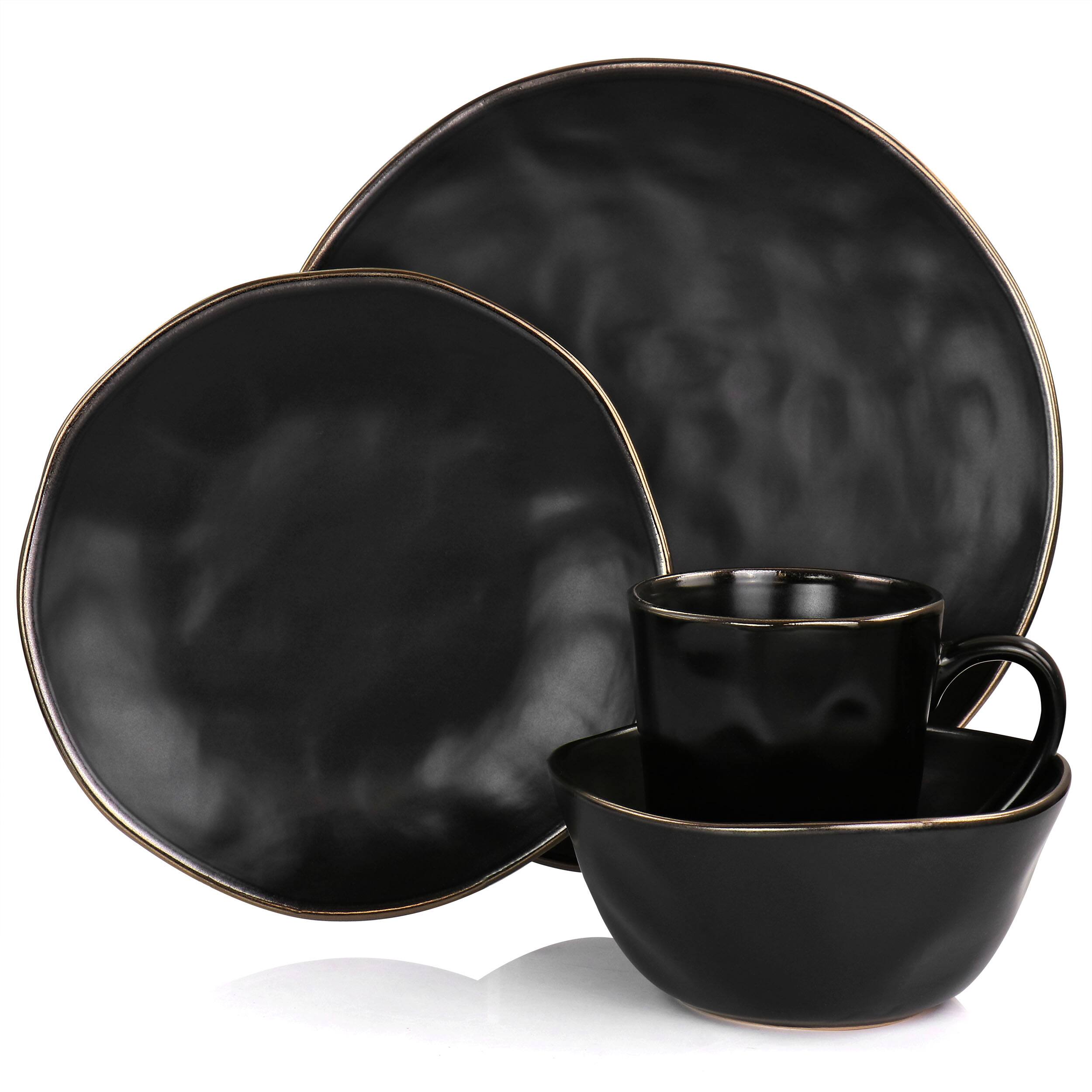 Alt View 1. Elama - Elama Modern 16 Piece Stoneware Dinnerware Set in Matte Black with Gold Rim - Black.