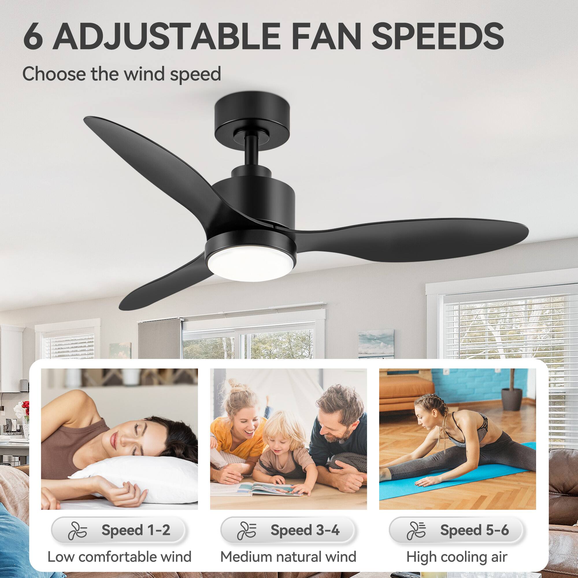 6 ADJUSTABLE FAN SPEEDS  
Choose the wind speed

Speed 1-2  
Low comfortable wind

Speed 3-4  
Medium natural wind

Speed 5-6  
High cooling air