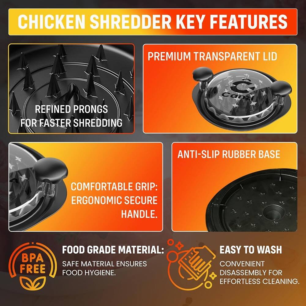 CHICKEN SHREDDER KEY FEATURES

- PREMIUM TRANSPARENT LID
- REFINED PRONGS FOR FASTER SHREDDING
- COMFORTABLE GRIP: ERGONOMIC SECURE HANDLE
- ANTI-SLIP RUBBER BASE
- BPA FREE FOOD GRADE MATERIAL: SAFE MATERIAL ENSURES FOOD HYGIENE
- EASY TO WASH: CONVENIENT DISASSEMBLY FOR EFFORTLESS CLEANING