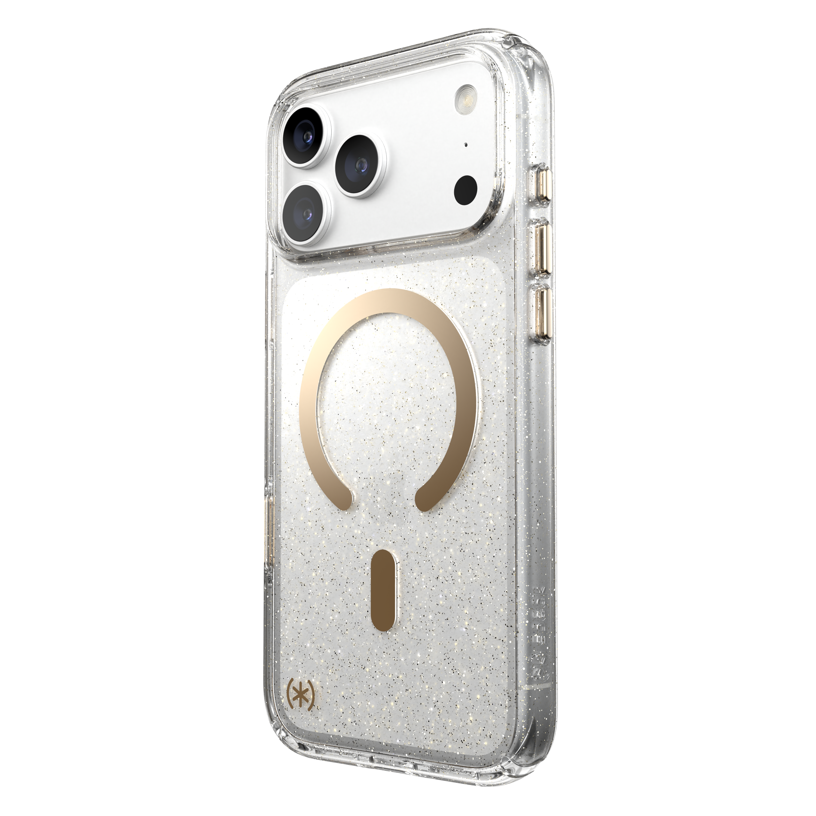 Angle. Speck - Presidio Lux Case with MagSafe for Apple iPhone 18 Pro Max / iPhone 17 Pro Max - Clear/Gold Glitter.