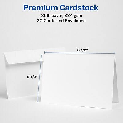 Premium Cardstock  
86lb cover, 234 gsm  
20 Cards and Envelopes  
8-1/2" x 5-1/2"