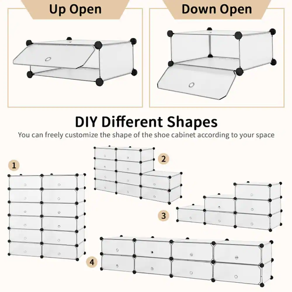 Up Open  
Down Open  

DIY Different Shapes  

You can freely customize the shape of the shoe cabinet according to your space  

1  
2  
3  
4