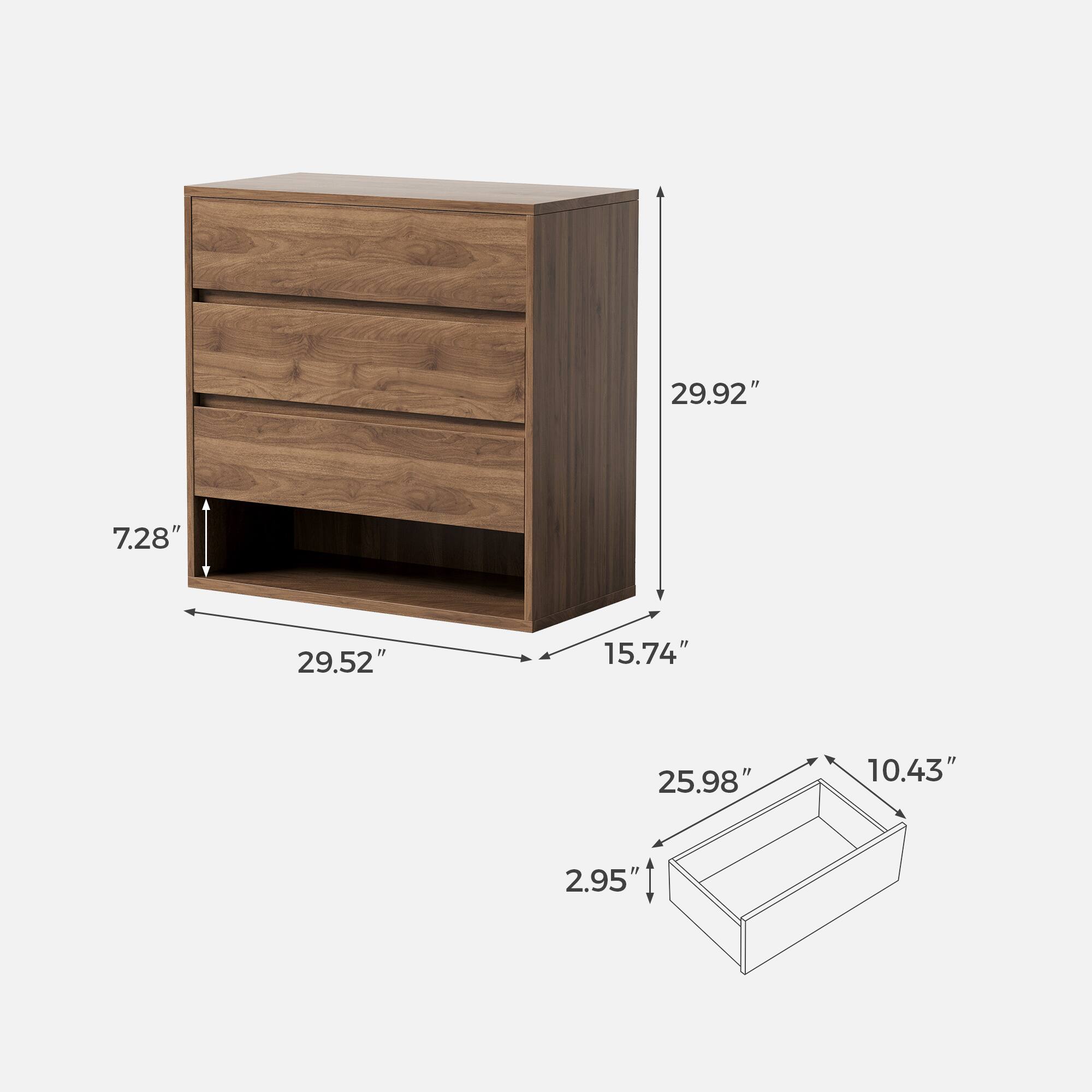 Height: 29.92"
Width: 29.52"
Depth: 15.74"
Drawer height: 2.95"
Box height: 10.43"
Box width: 25.98"
Box depth: 7.28"