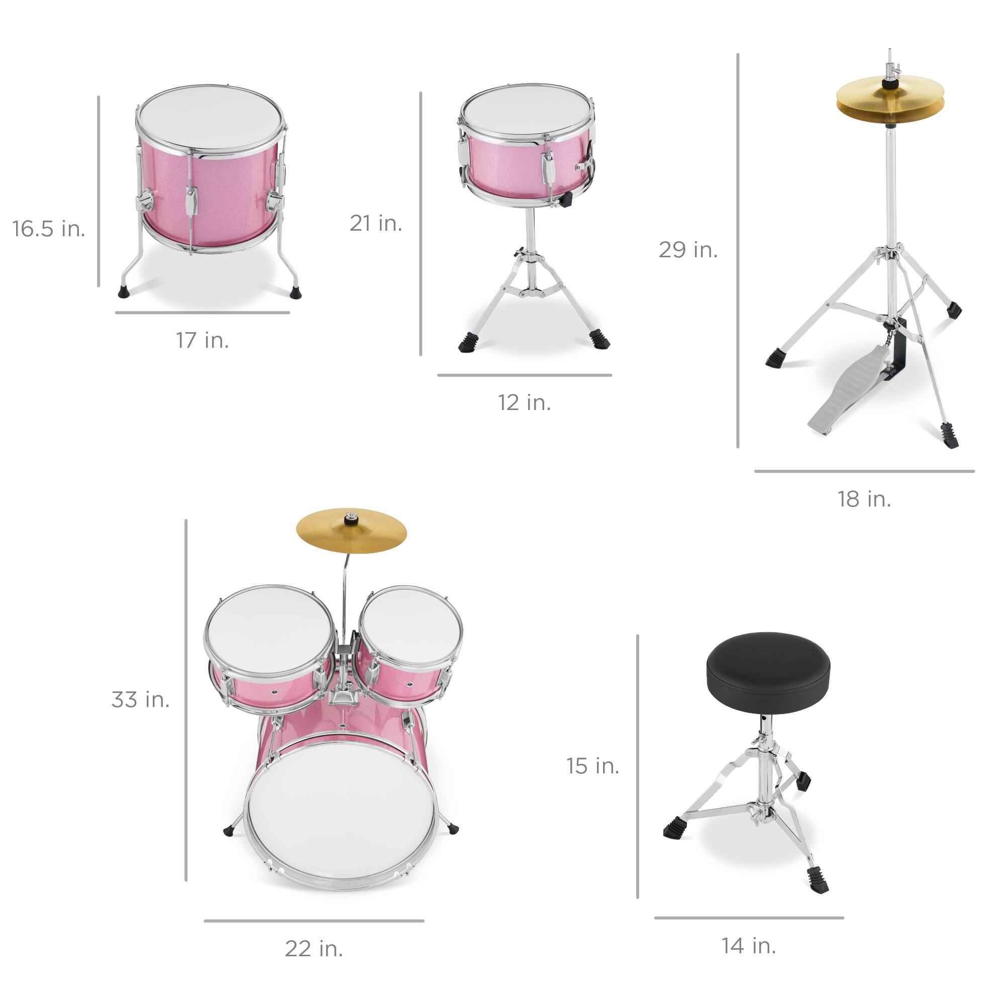 Here are the measurements grouped and corrected:

- **Snare Drum:**
  - Diameter: 16.5 in.
  - Height: 17 in.

- **Tom Drum:**
  - Diameter: 21 in.
  - Height: 12 in.

- **Cymbal Stand:**
  - Height: 29 in.
  - Width: 18 in.

- **Drum Set:**
  - Height: 33 in.
  - Width: 22 in.

- **Drum Throne:**
  - Height: 15 in.
  - Width: 14 in.