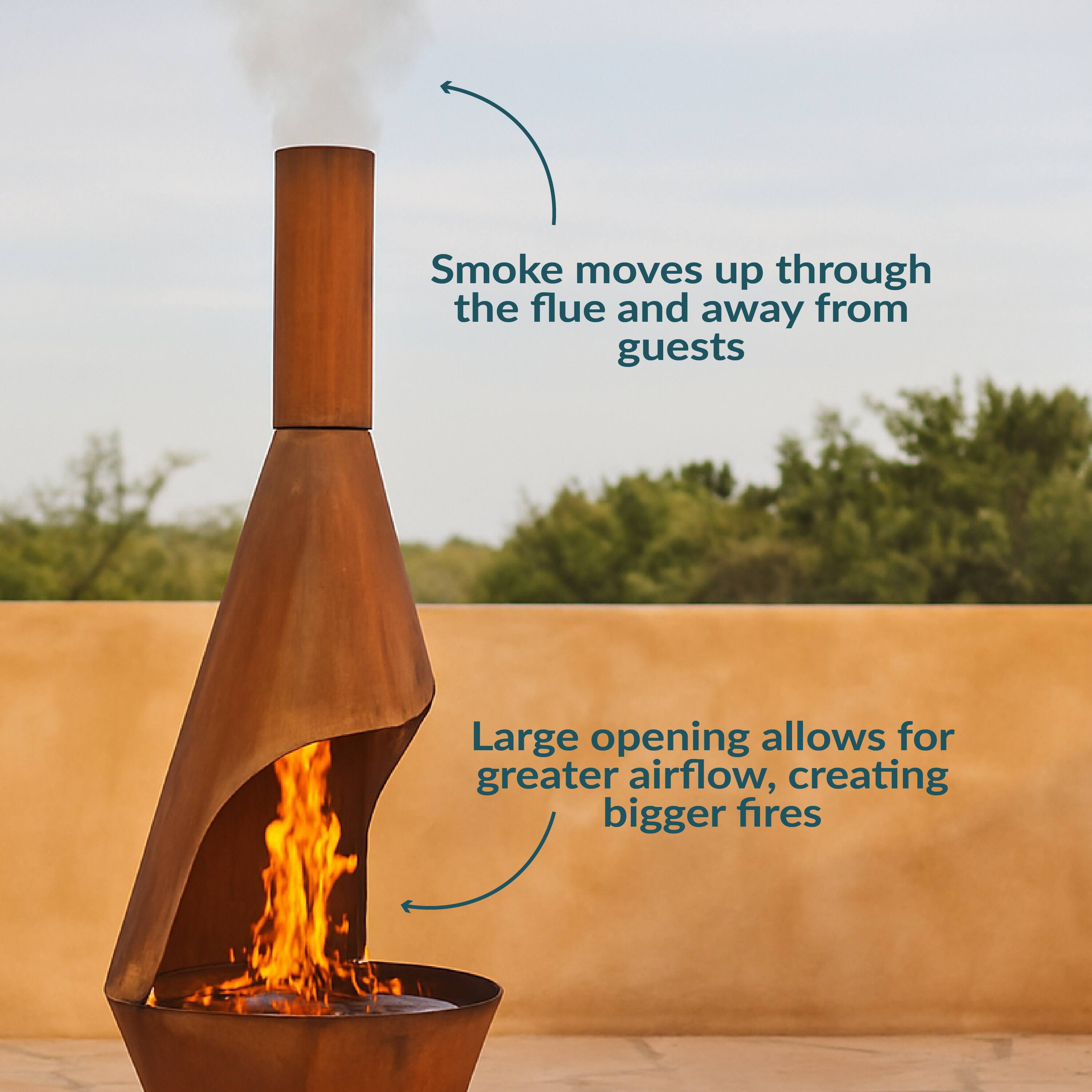 Smoke moves up through the flue and away from guests.

Large opening allows for greater airflow, creating bigger fires.