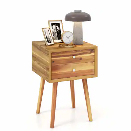 Front. Costway - Wooden Nightstand Mid-Century End Side Table Bedroom with 2 Storage Drawers Natural - Walnut.