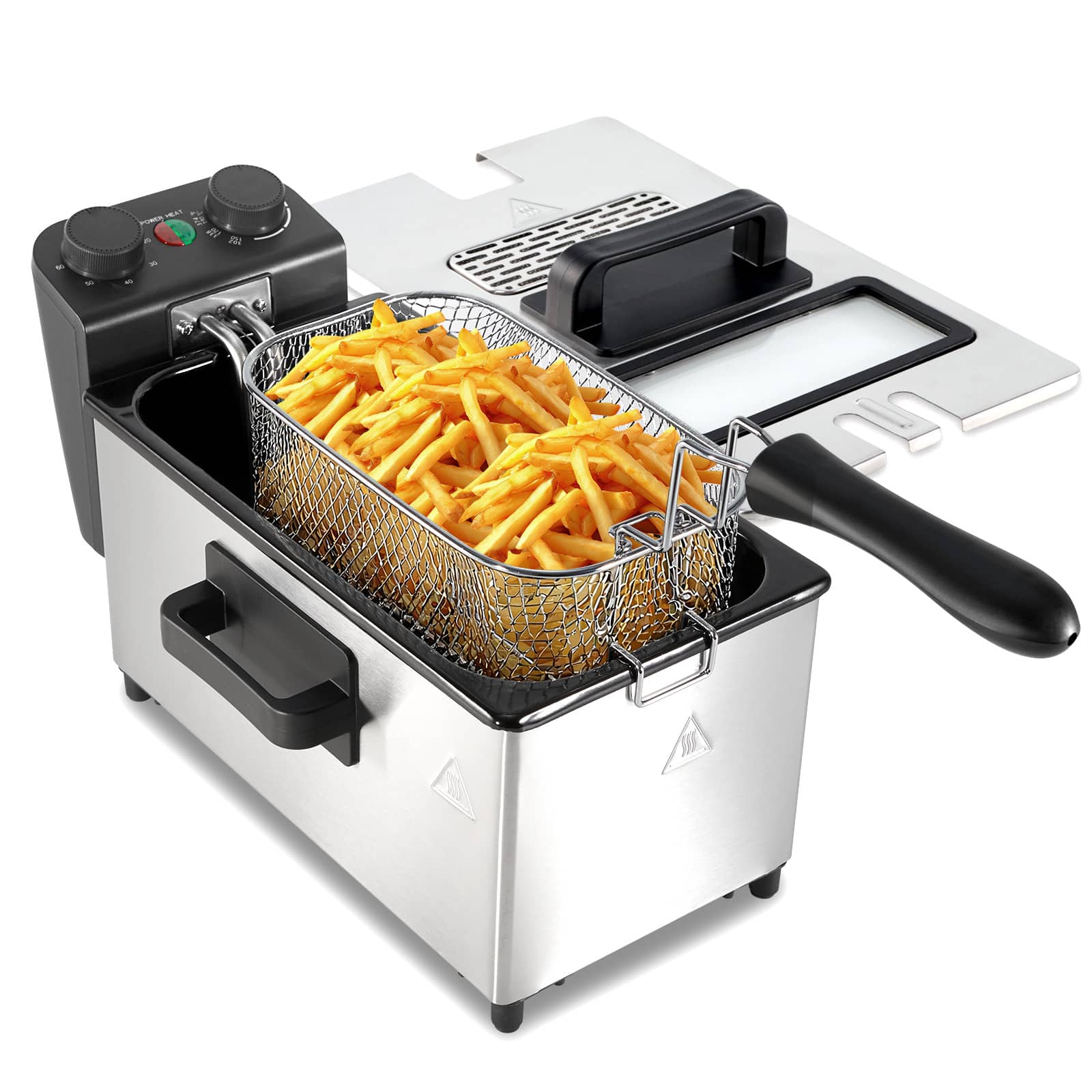 Aukfa - 3L Deep Fryer with Basket - 1700W, Time & Temp Control, 3 Baskets, View Window, Odor Filter, Stainless Steel - Silver