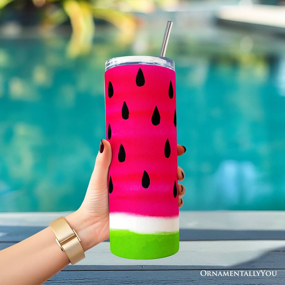 Back. OrnamentallyYou - Watermelon Slice Pattern 20oz Tumbler With Lid and Stainless Steel Straw, Fun Summer Fruit Gift Cup - Multicolored.