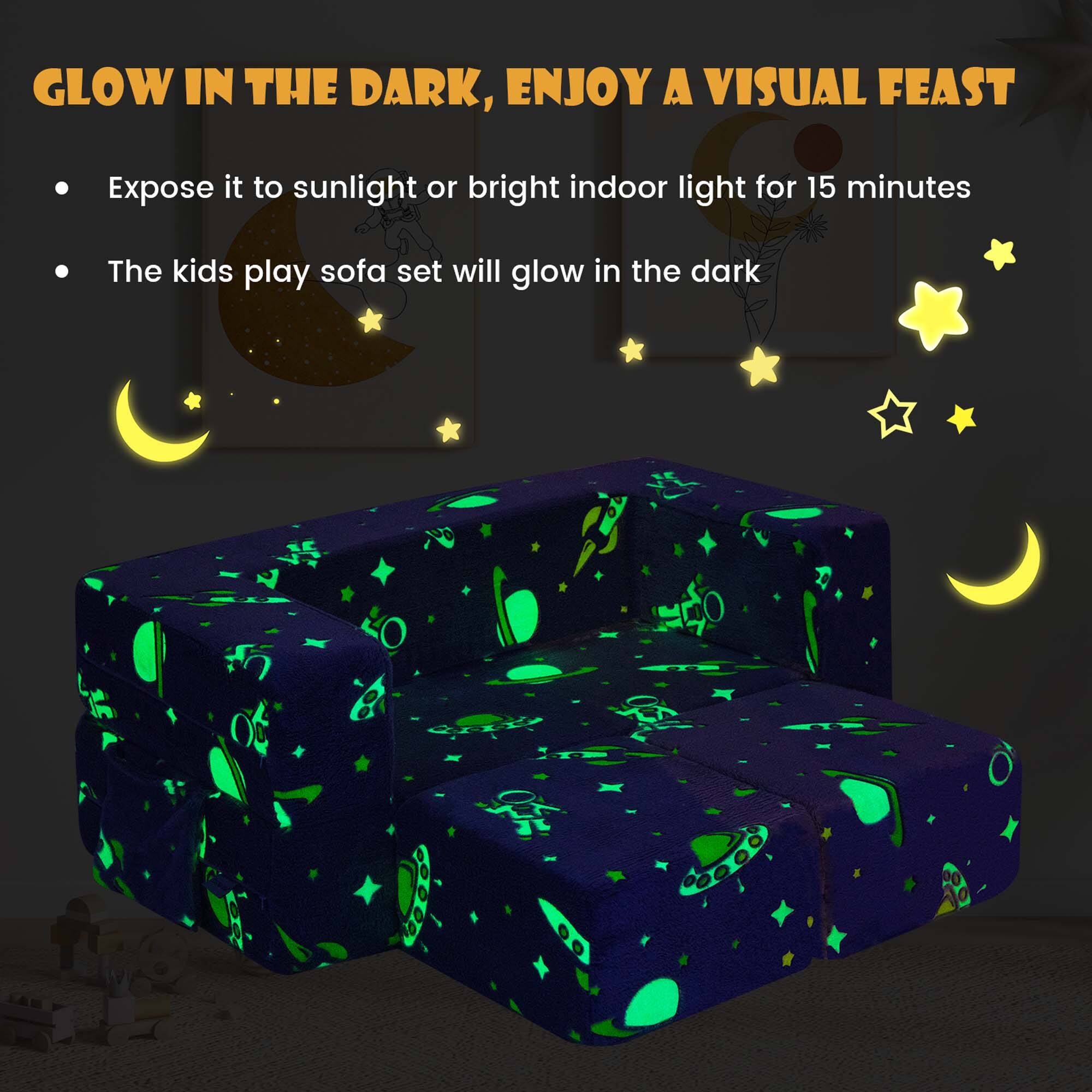 GLOW IN THE DARK, ENJOY A VISUAL FEAST

- Expose it to sunlight or bright indoor light for 15 minutes
- The kids play sofa set will glow in the dark