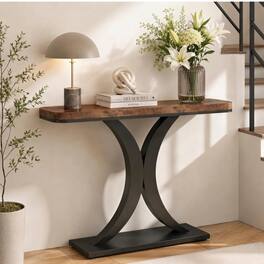 Tribesigns - 40 Inch Modern Industrial Console Table with Double C-Shaped Metal Base, Rustic Entryway Foyer Narrow Table for Hallway - Brown