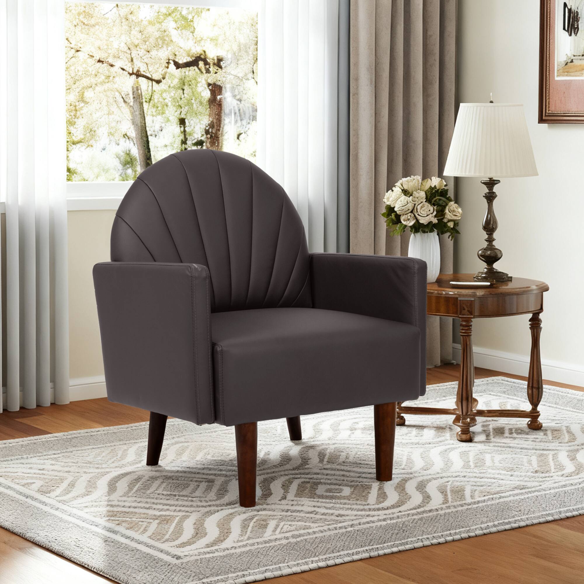 Alt View 1. GOODSILO - Contemporary Shell-Shaped Armchair with Upholstered Comfort and Wooden Legs for Versatile Home Decor - Dark Brown.