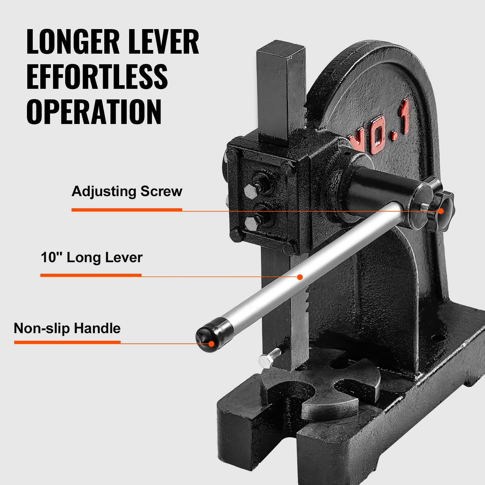 LONGER LEVER EFFORTLESS OPERATION

Adjusting Screw  
10" Long Lever  
Non-slip Handle