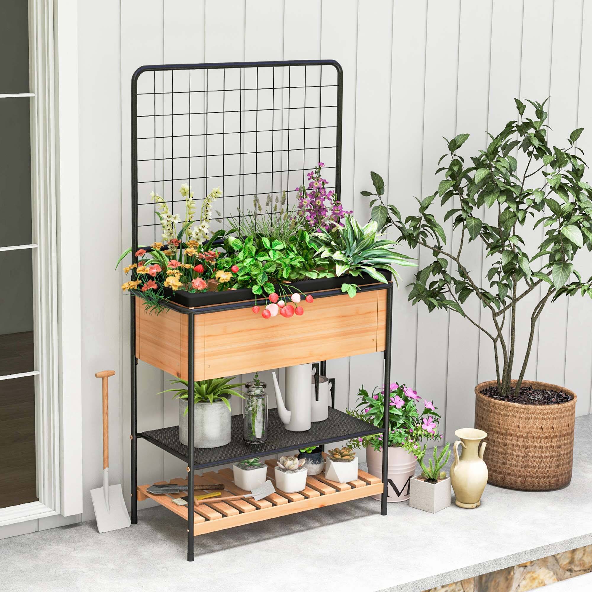 Alt View 3. Costway - 59" Raised Wooden Garden Bed with Metal Trellis Open Storage Shelves Drain Holes - Natural.