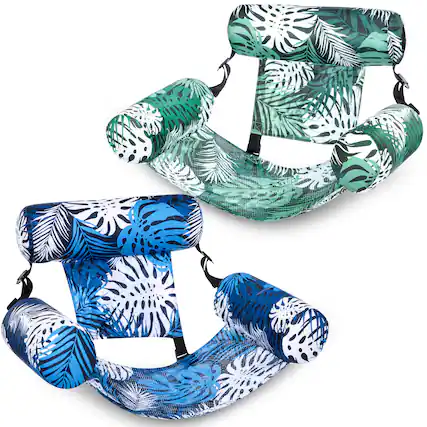 Front. Joyfy - 2 Packs Inflatable Pool Chairs, Lounge Pool Float, Tropical Hammock Chair for Adult Summer Water Beach - Green, Blue.