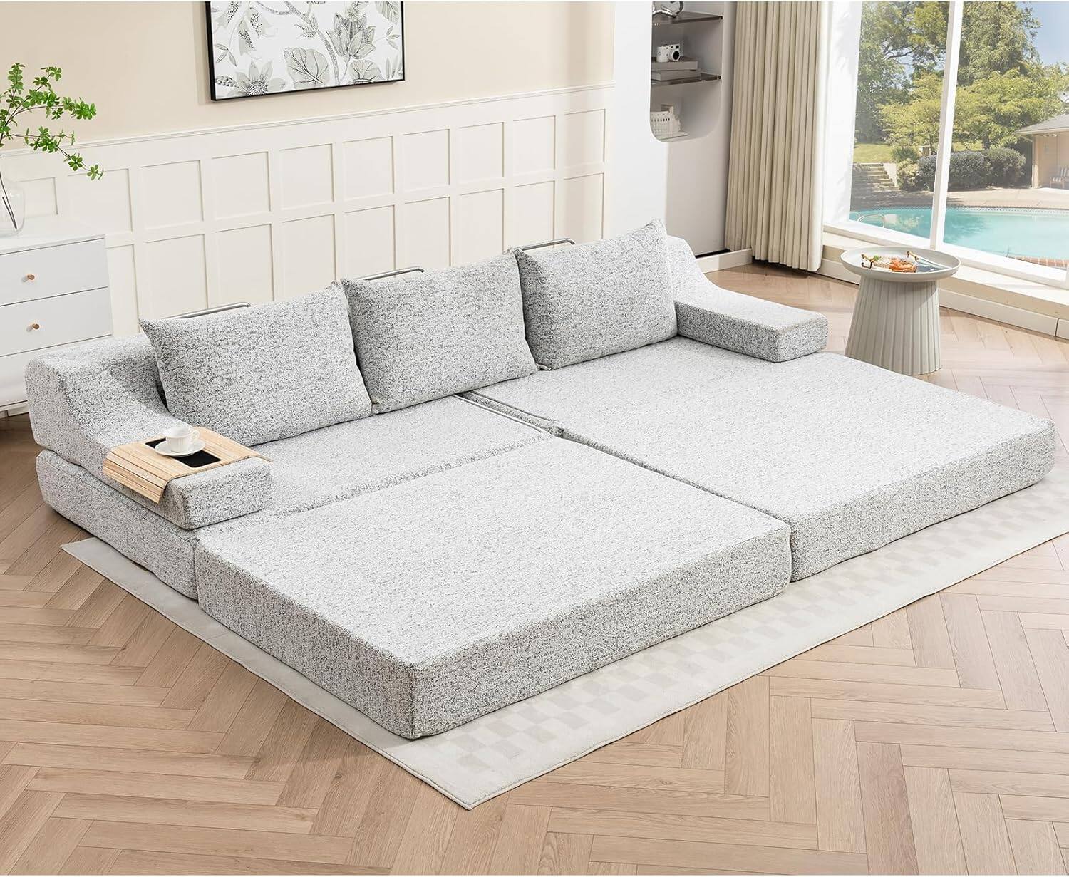 Angle. Yardgrace - Pull Out Queen Sofa Bed with Wide Armrest & Thick Cushion, 2-in-1 Convertible Couch, No Assembly Needed - Grey.