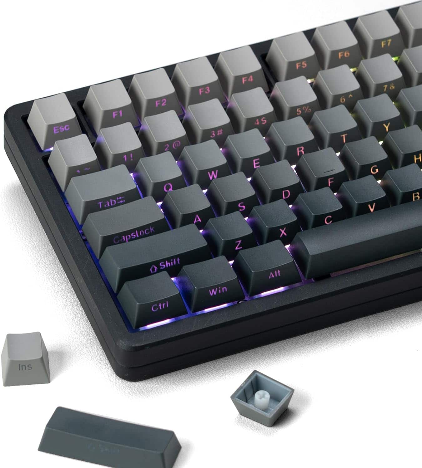 Womier - Gradient Double Shot PBT Keycaps,Shine Through Custom Keycap Cherry Profile for All Layout Keyboard - Retro Grey