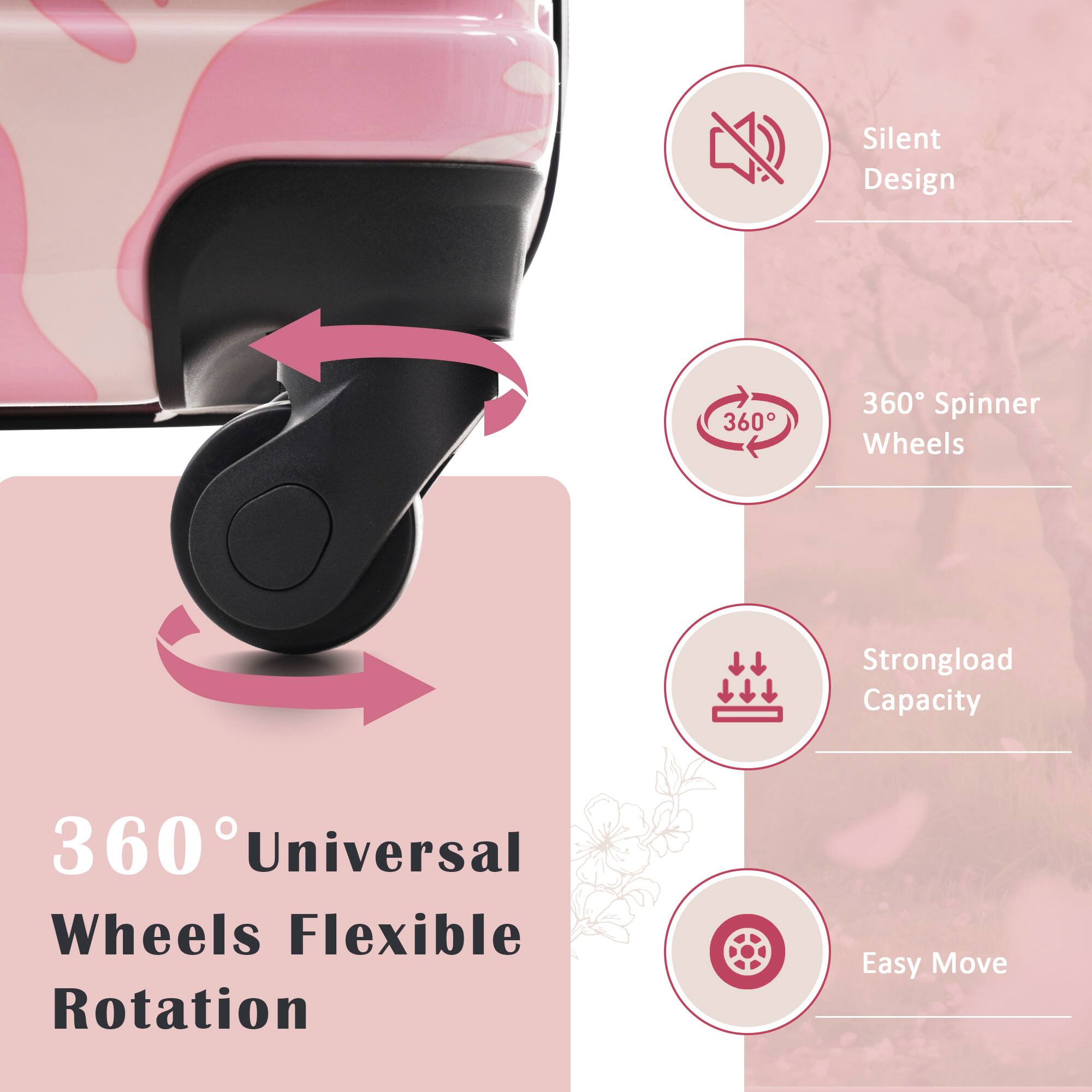 - Silent Design
- 360° Spinner Wheels
- Strongload Capacity
- Easy Move

360° Universal Wheels Flexible Rotation