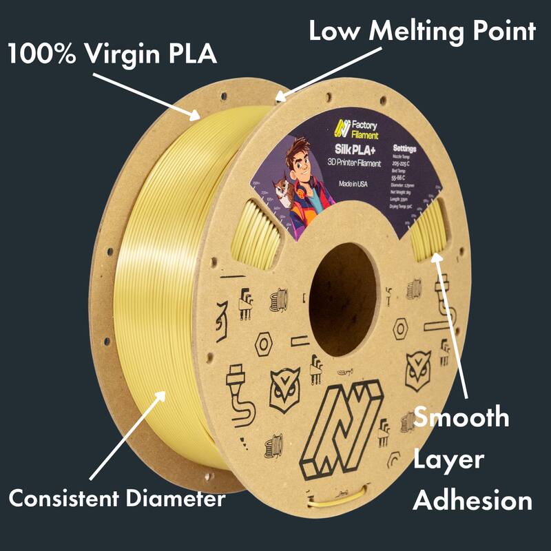 100% Virgin PLA  
Low Melting Point  
Consistent Diameter  
Smooth Layer Adhesion  

Factory Filament  
Silk PLA+  
3D Printer Filament  
Made in USA  

Settings:  
205-225 C  
55-66 C  

For consistent diameter and smooth layer adhesion.