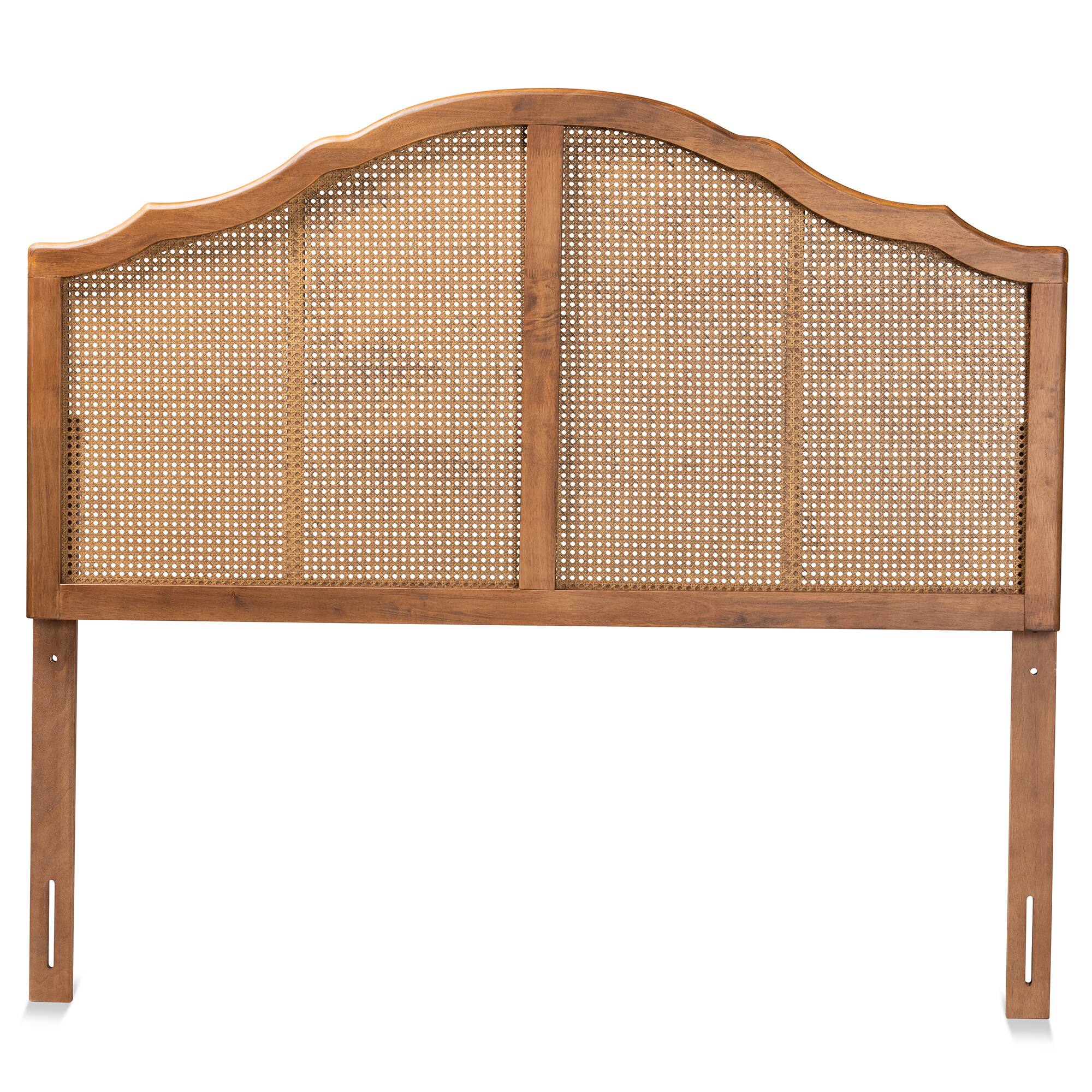 Angle. Baxton Studio - Iris Vintage Classic and Traditional Finished Wood and Synthetic Rattan Queen Size Arched Headboard - Ash Walnut.