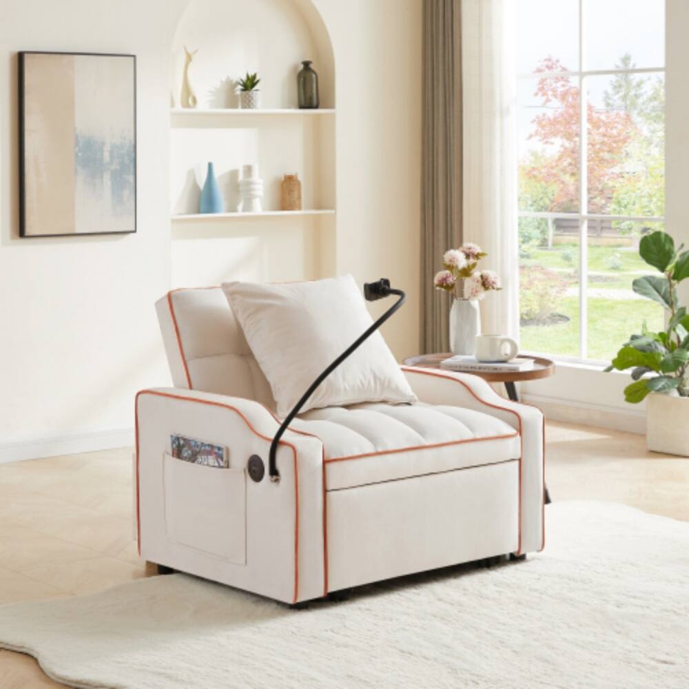 Angle. LUCKY ONE - 3-in-1 Convertible Sleeper Sofa Chair Bed w/ USB Type-C Phone Holder Side Pockets - Beige.