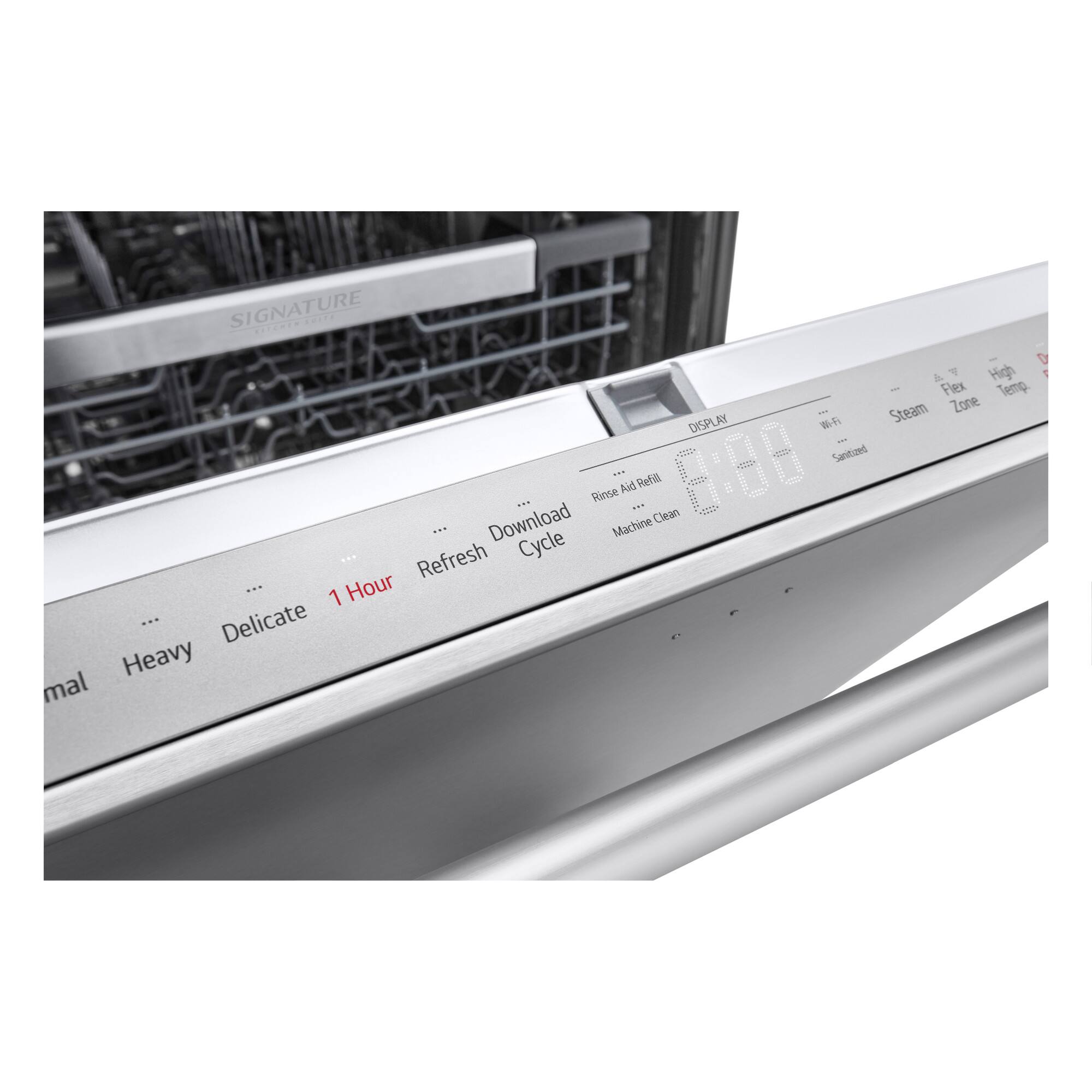 SIGNATURE KITCHEN by High ... Flex Temp. Steam Zone DISPLAY ... ECHA Sanitized ... Rinse Aid Refill ... Machine Clean ... Download Cycle ... Refresh Cycle ... 1 Hour Heavy ... Delicate ... normal