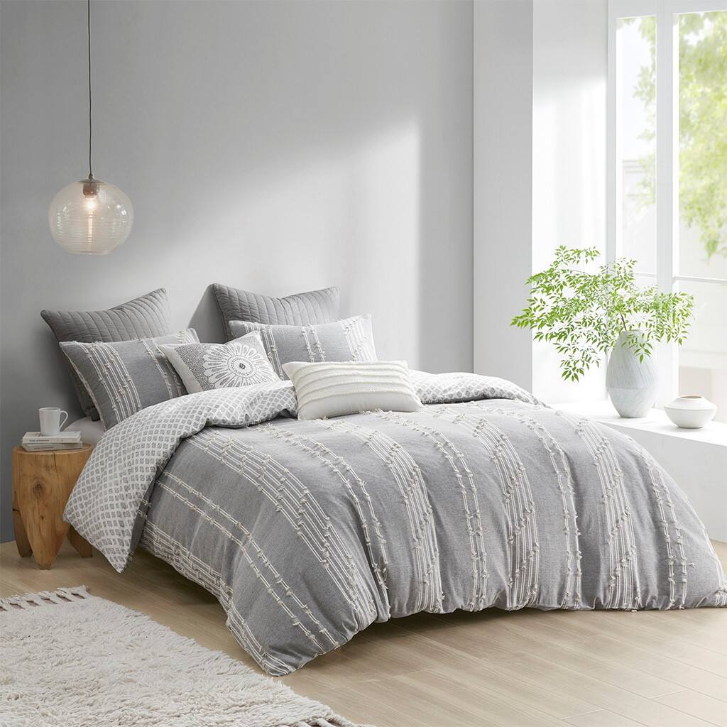 Alt View 3. Gracie Mills - Gracie Mills Trujillo 3-Piece Embroidered Stripes Cotton Jacquard Comforter Set - Gray.