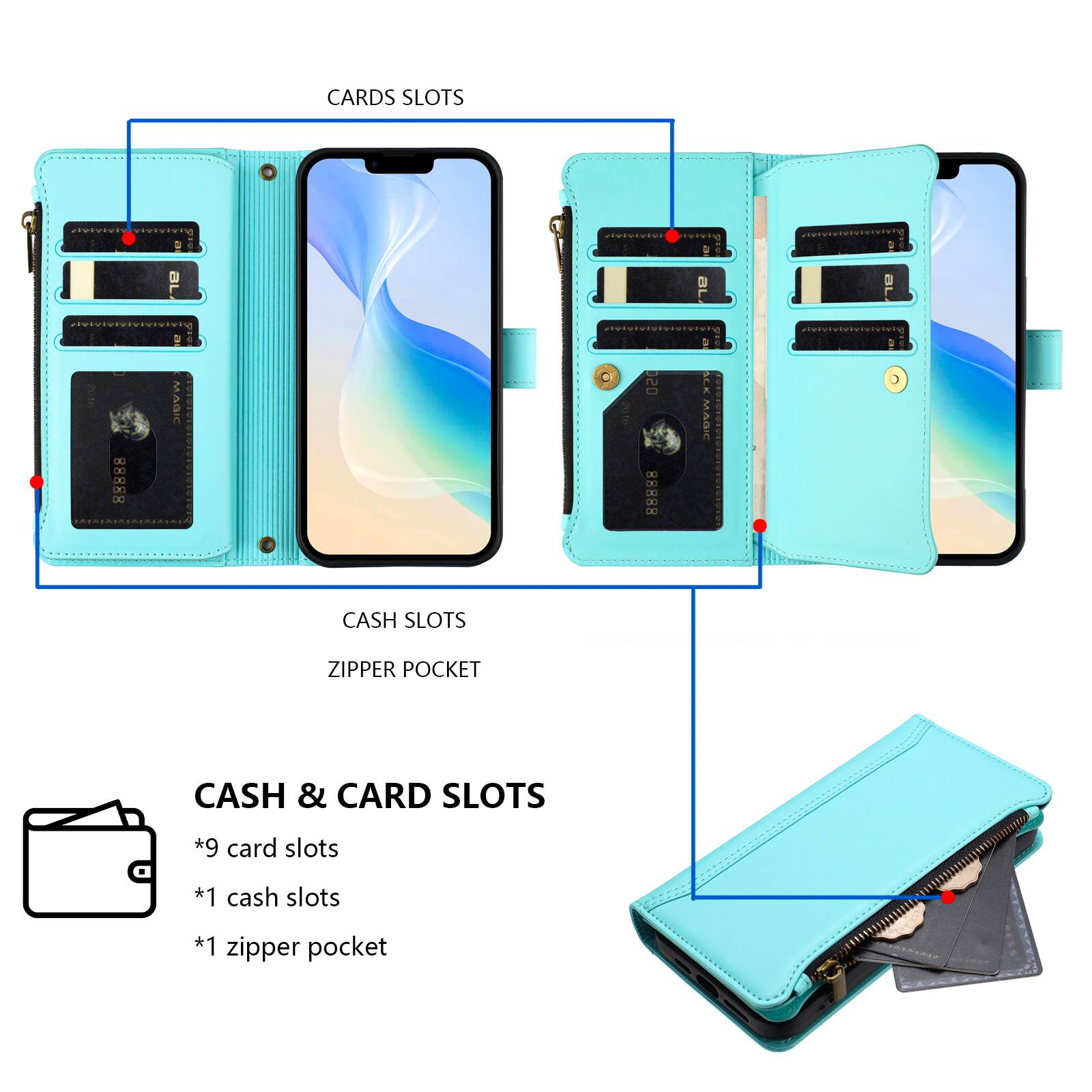 CARDS SLOTS

CASH SLOTS
ZIPPER POCKET

CASH & CARD SLOTS
*9 card slots
*1 cash slots
*1 zipper pocket