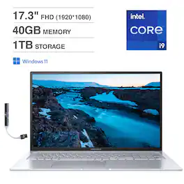 ASUS - Vivobook 17X Laptop 17.3 FHD (Intel i9-13900H, 40GB DDR4, 1TB PCIe SSD, Intel Iris Xe, Win 11 Home) w/USB Hub - Cool Silver