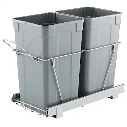 Front. VEVOR - Pullout Trash Can for Kitchen Cabinets, 27QTx2 Double Under Sink Garbage Waste Recycling Bin - Grey.